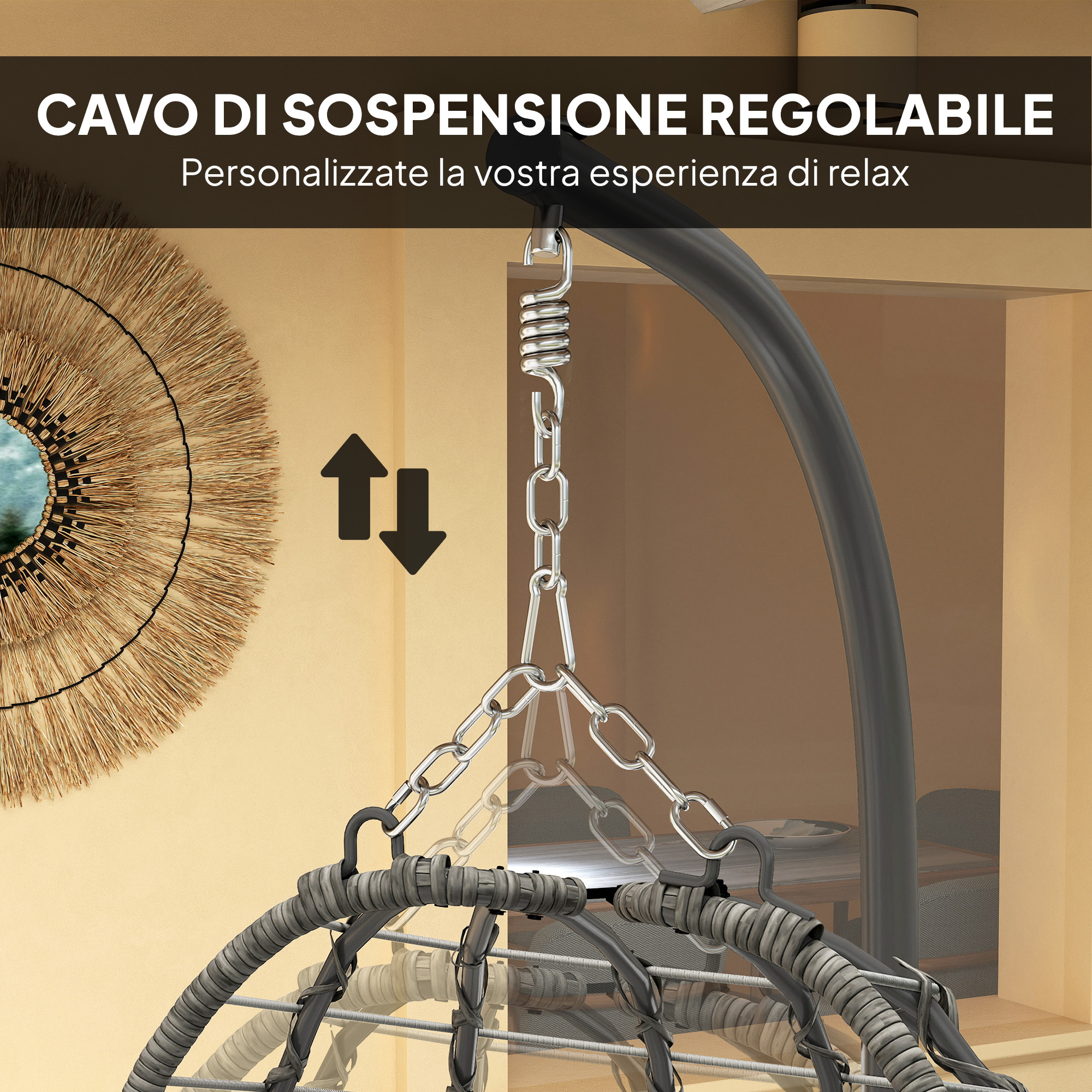 Sospensione regolabile con catena e molla, frecce indicano su/giù.