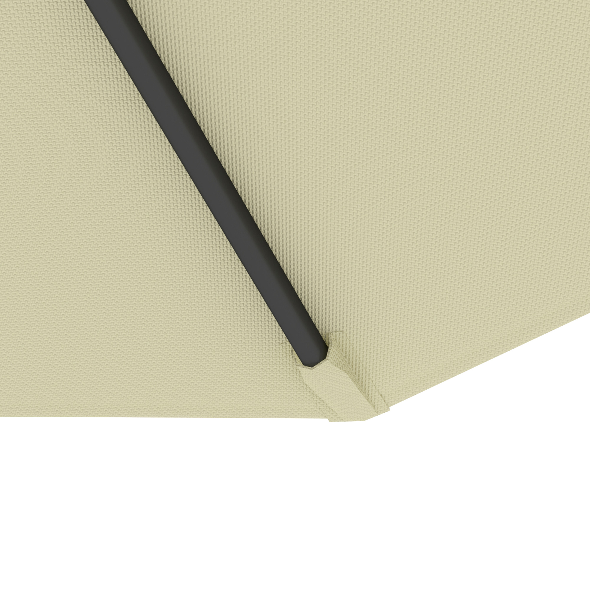 Tessuto ombrellone beige con asta in metallo nero e dettagli di cucitura.