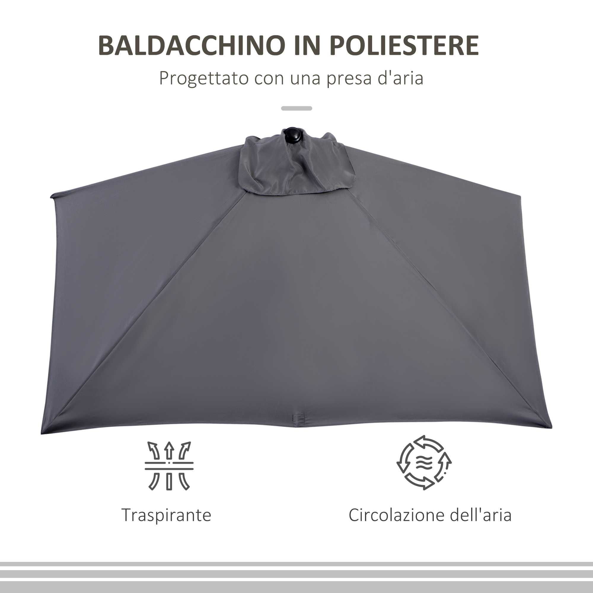 Telo ombrellone grigio con prese d'aria e icone di ventilazione.