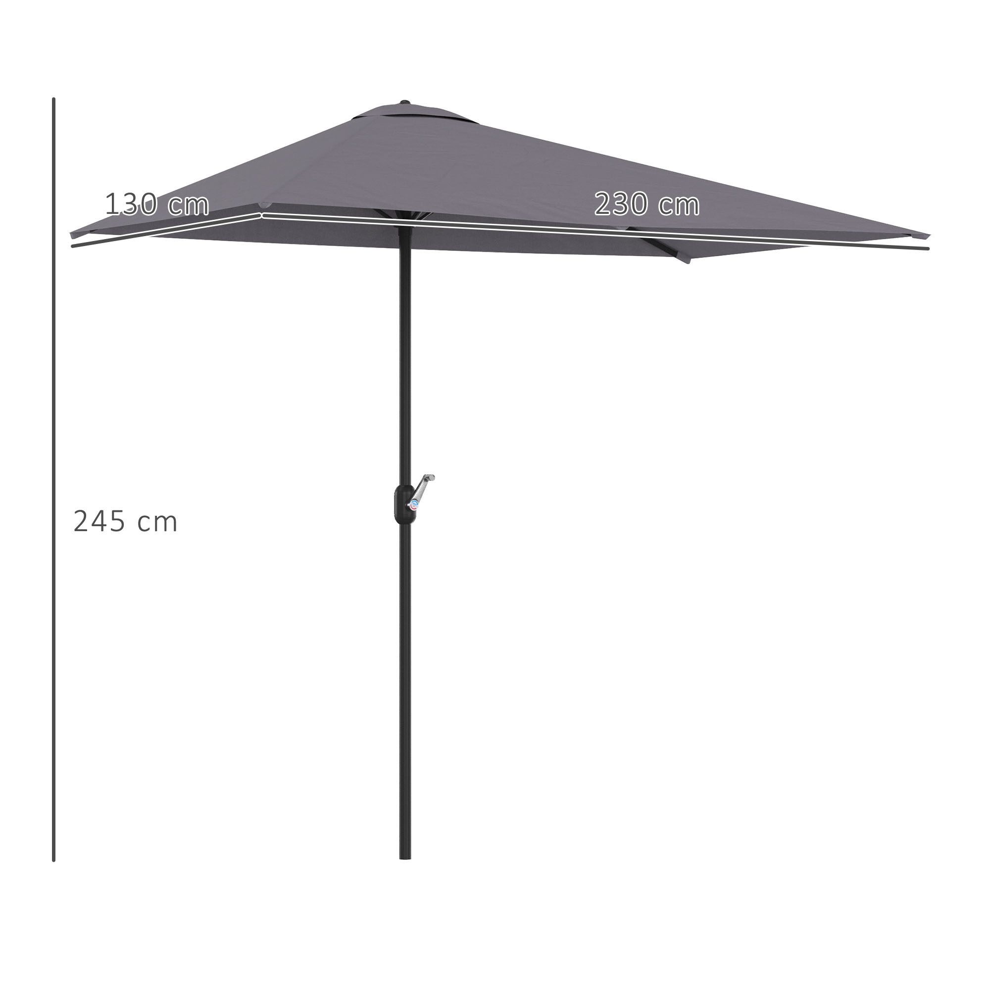 Un ombrellone grigio largo 230 cm e alto 245 cm.
