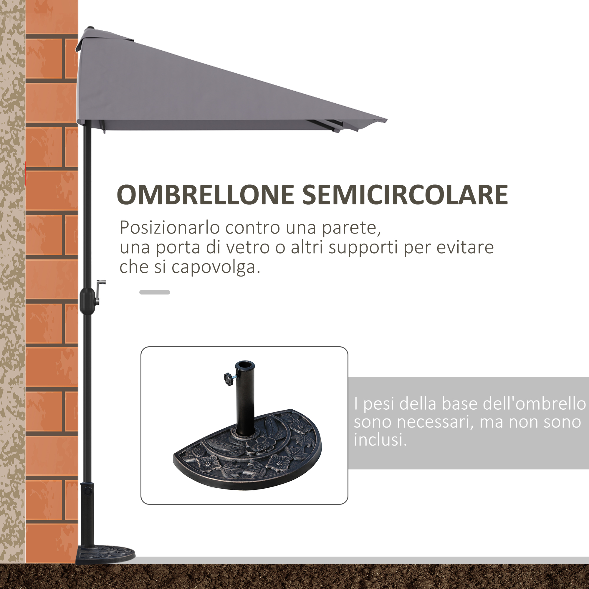 Un ombrellone grigio semicircolare su base decorata, vicino a un muro di mattoni.