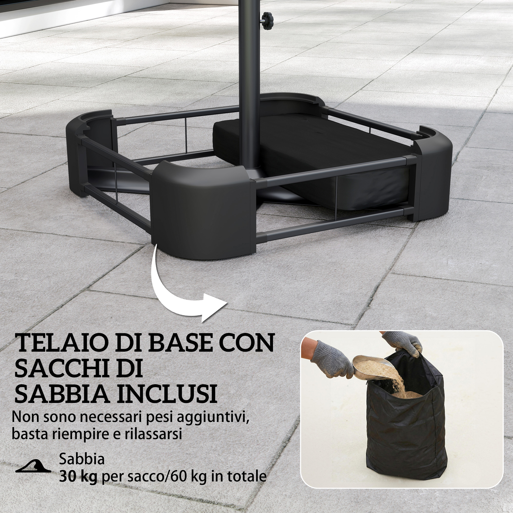 Telaio base ombrellone nero con sacchi di sabbia. Sabbia versata in un sacco nero.