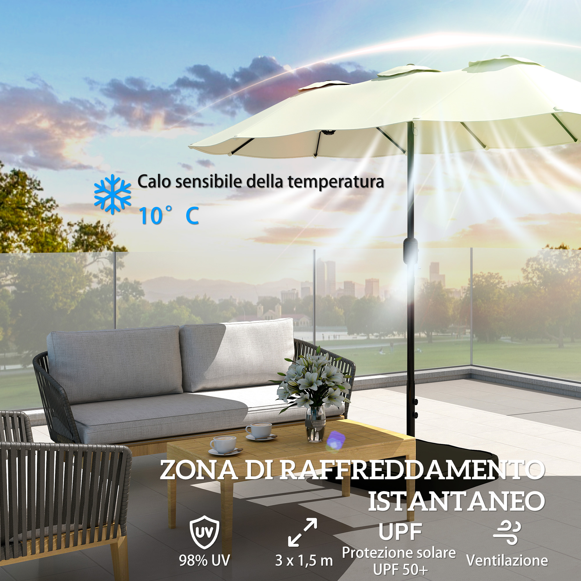 Terrazzo con divano, tavolo, ombrellone; 10°C, 98% protezione UV.