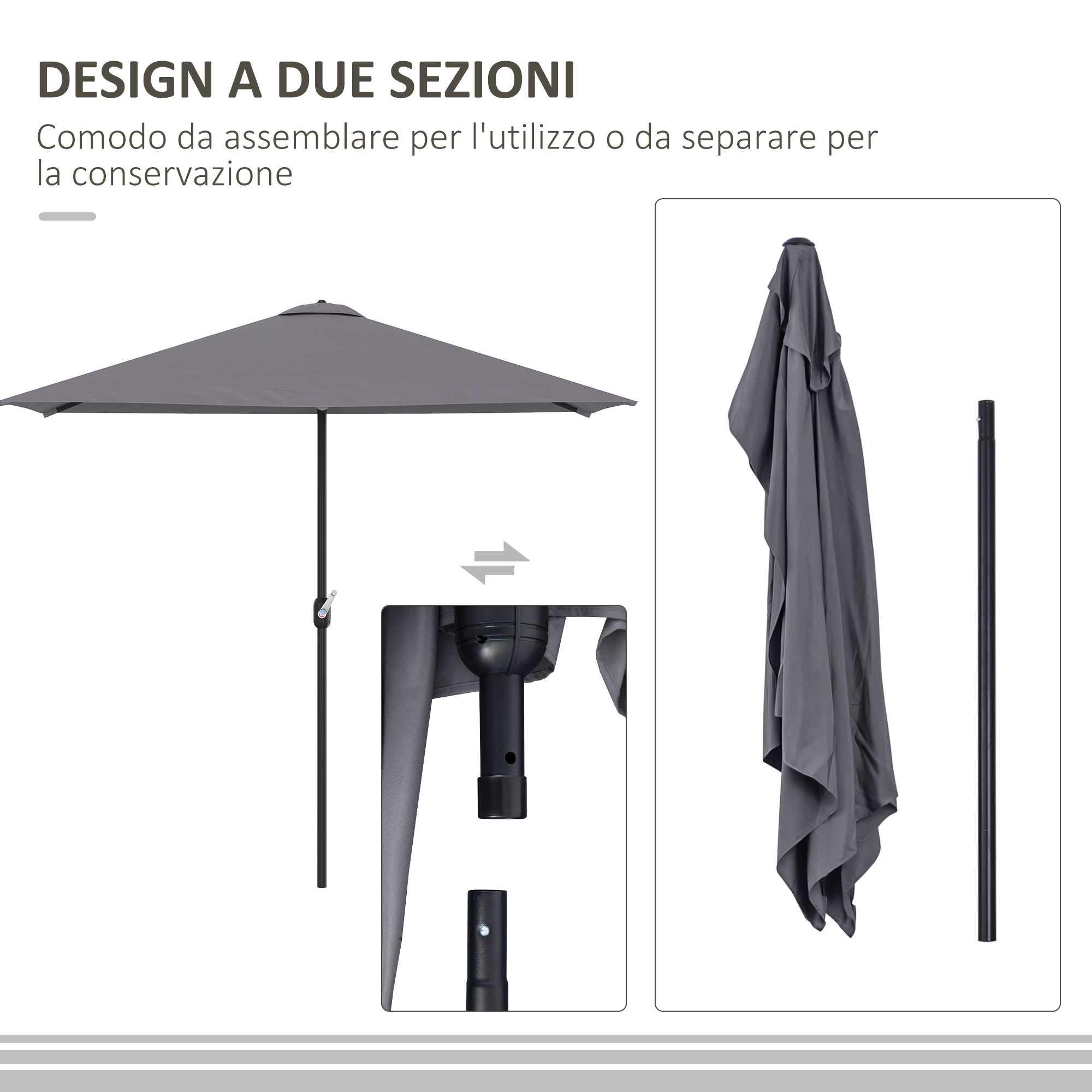 Ombrellone grigio, smontato, con palo e tessuto.