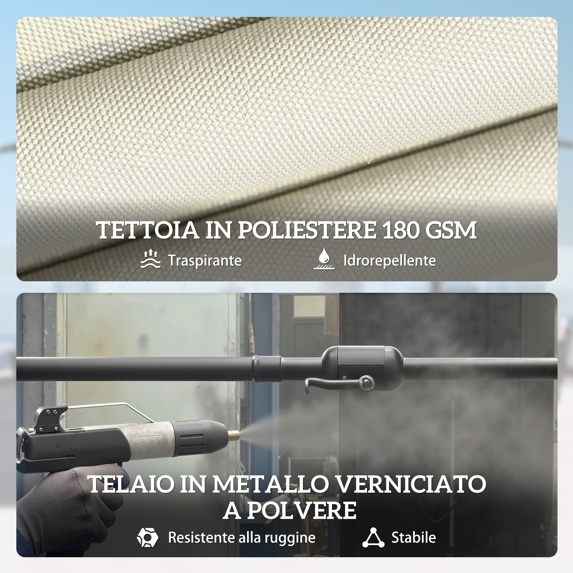 Tessuto grigio chiaro e telaio in metallo con pistola a spruzzo. Tessuto poliestere.