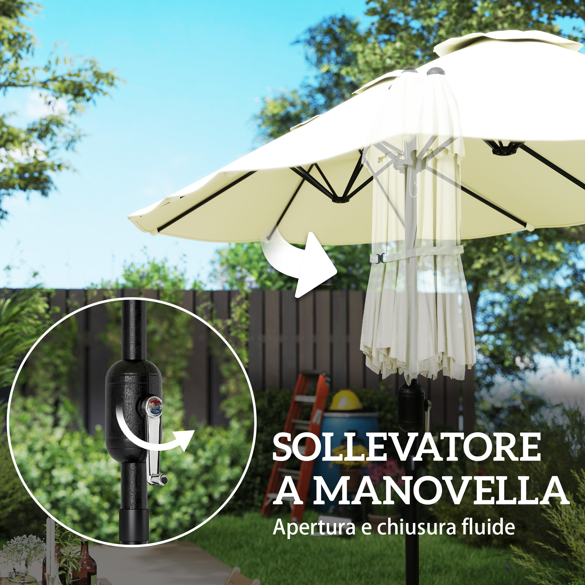 Un ombrellone da giardino con meccanismo a manovella all'aperto.