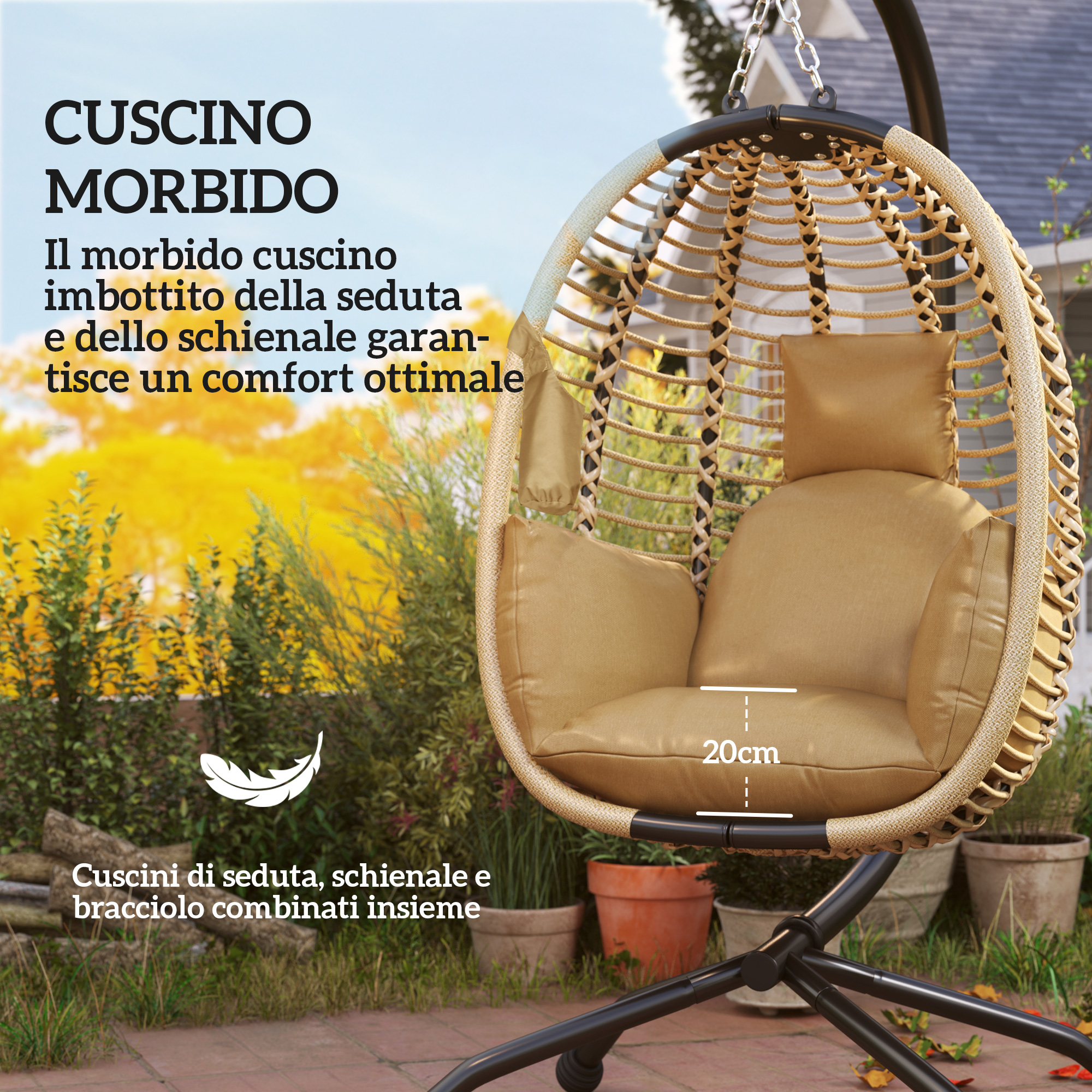 Sedia a uovo sospesa con cuscini marroni, all'aperto su un patio.