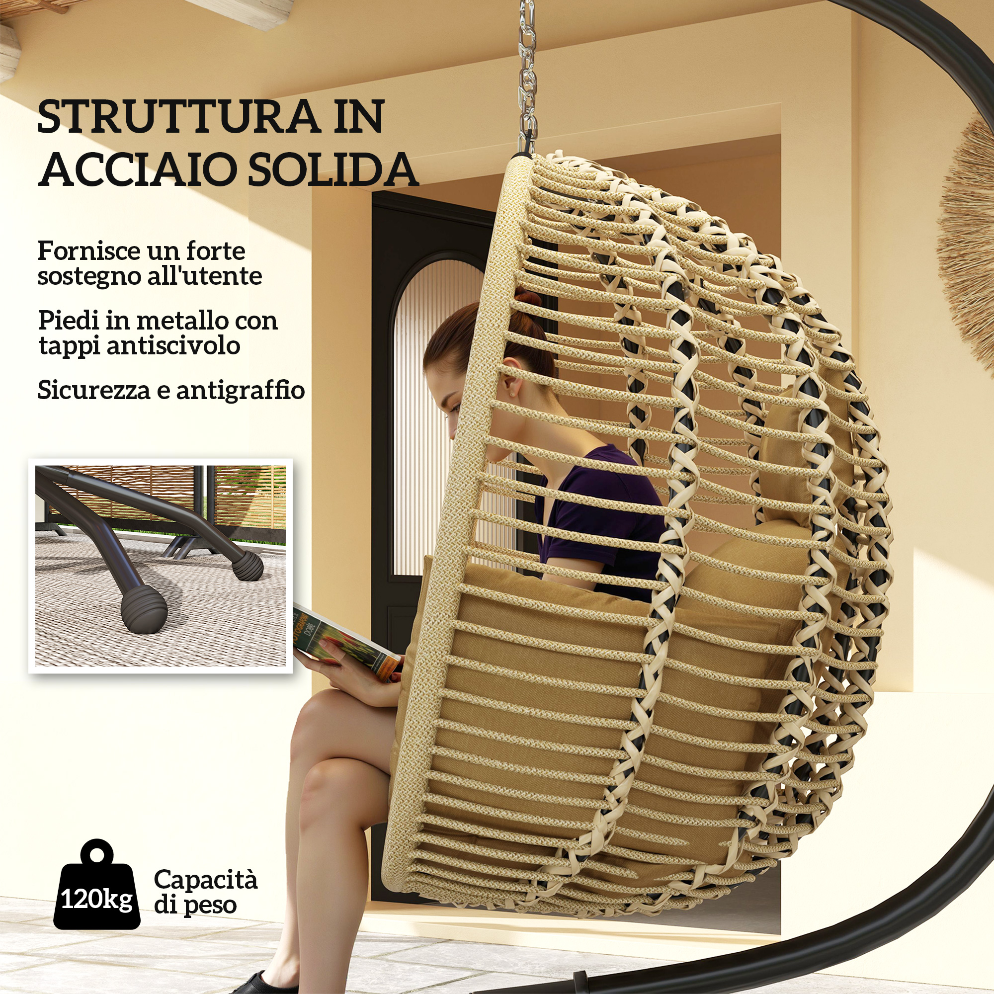Una donna legge in una sedia sospesa in rattan con struttura in acciaio, peso max 120kg.