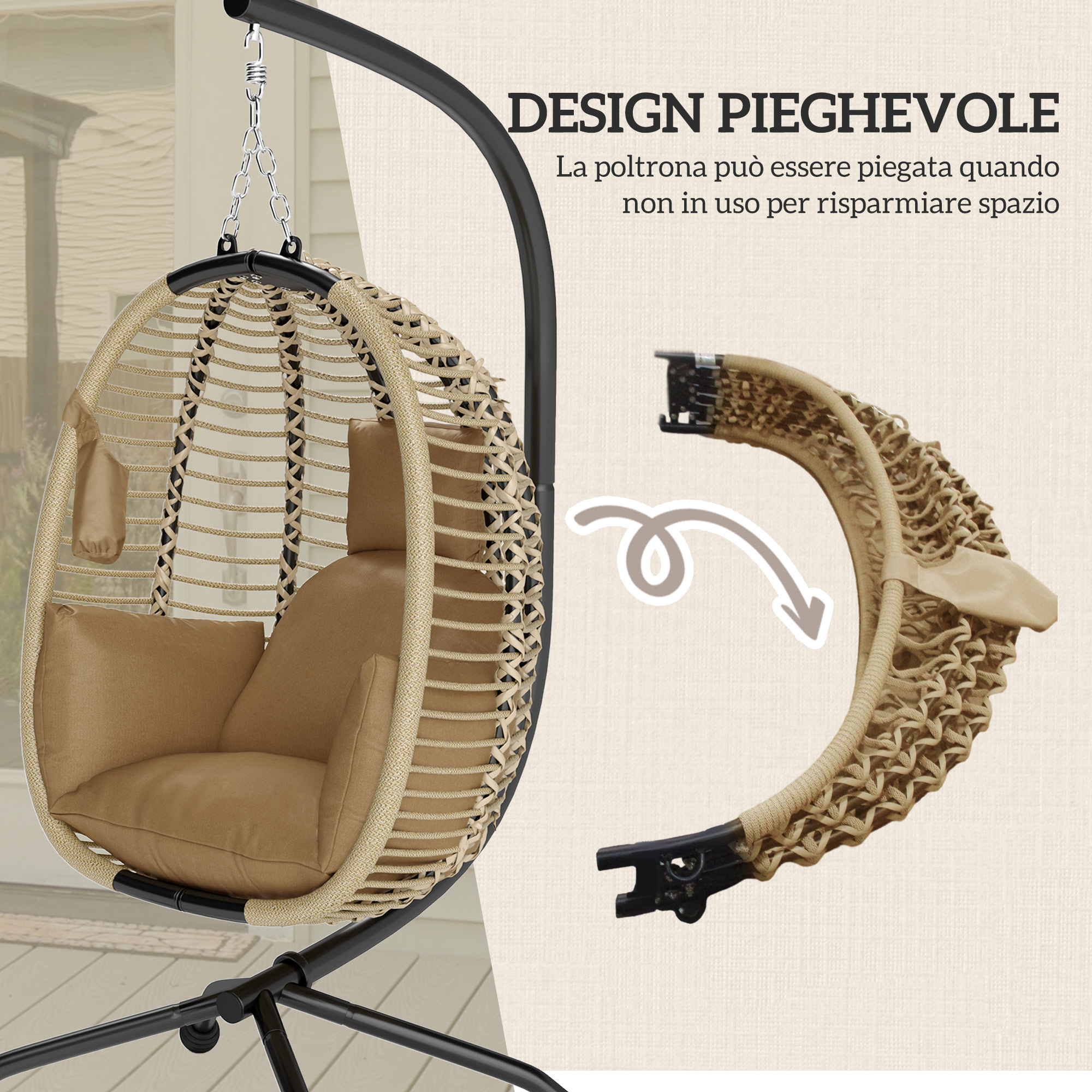Una sedia a uovo sospesa beige con cuscini, che si piega. Supporto nero.