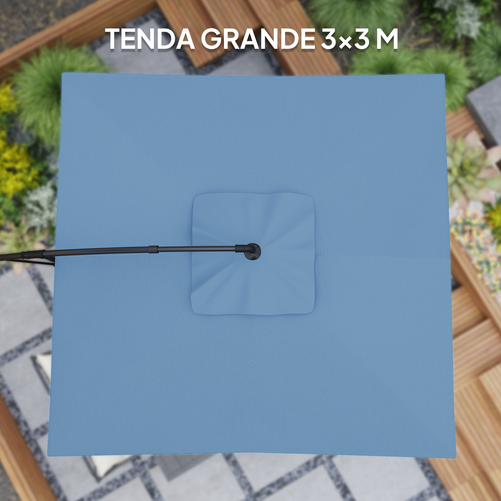 Tenda quadrata blu con palo nero, su un ponte di legno e piante.
