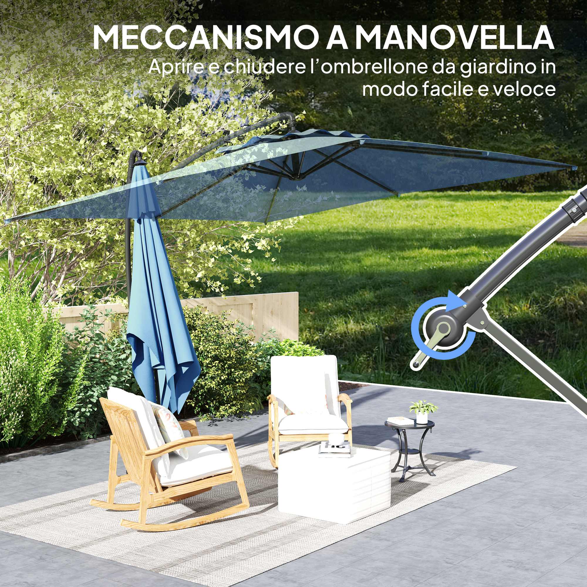 Un patio con due sedie a dondolo in legno, un pouf bianco e un ombrellone blu.