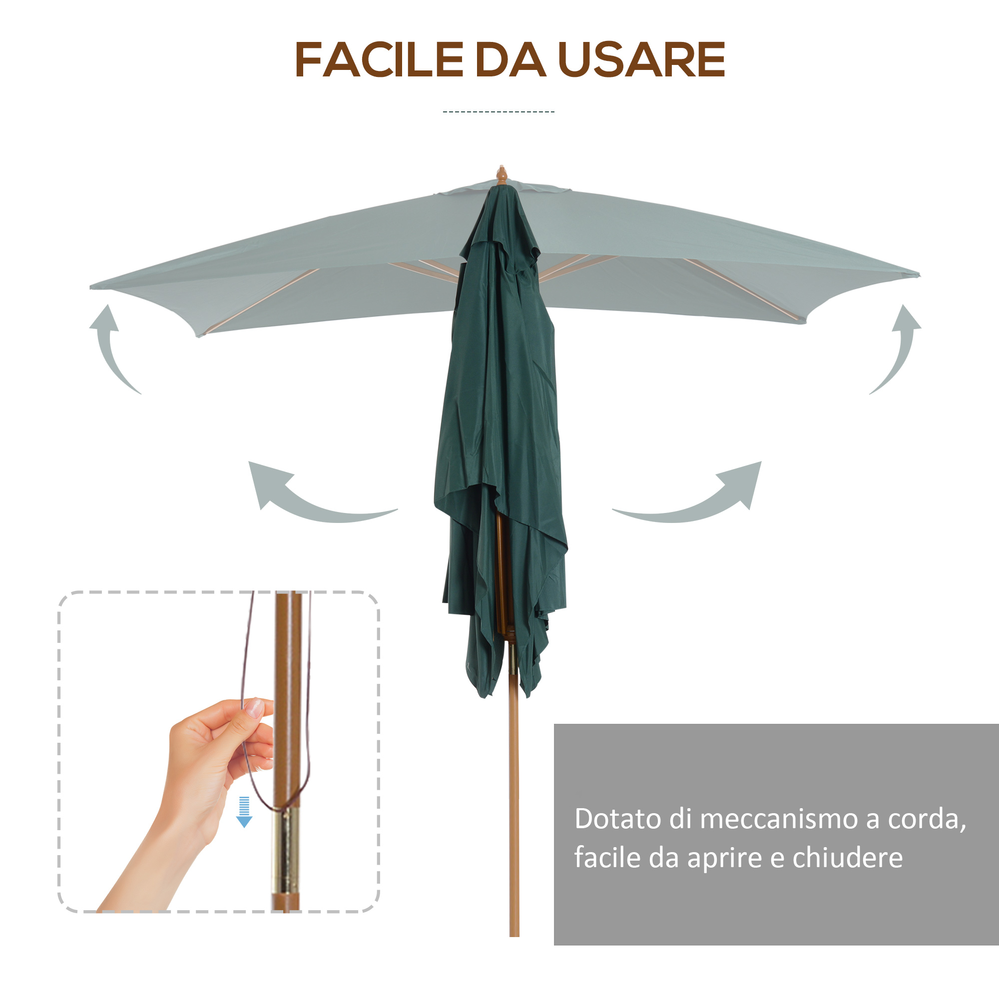 Un ombrellone aperto e uno chiuso con frecce e una mano che tira una corda.