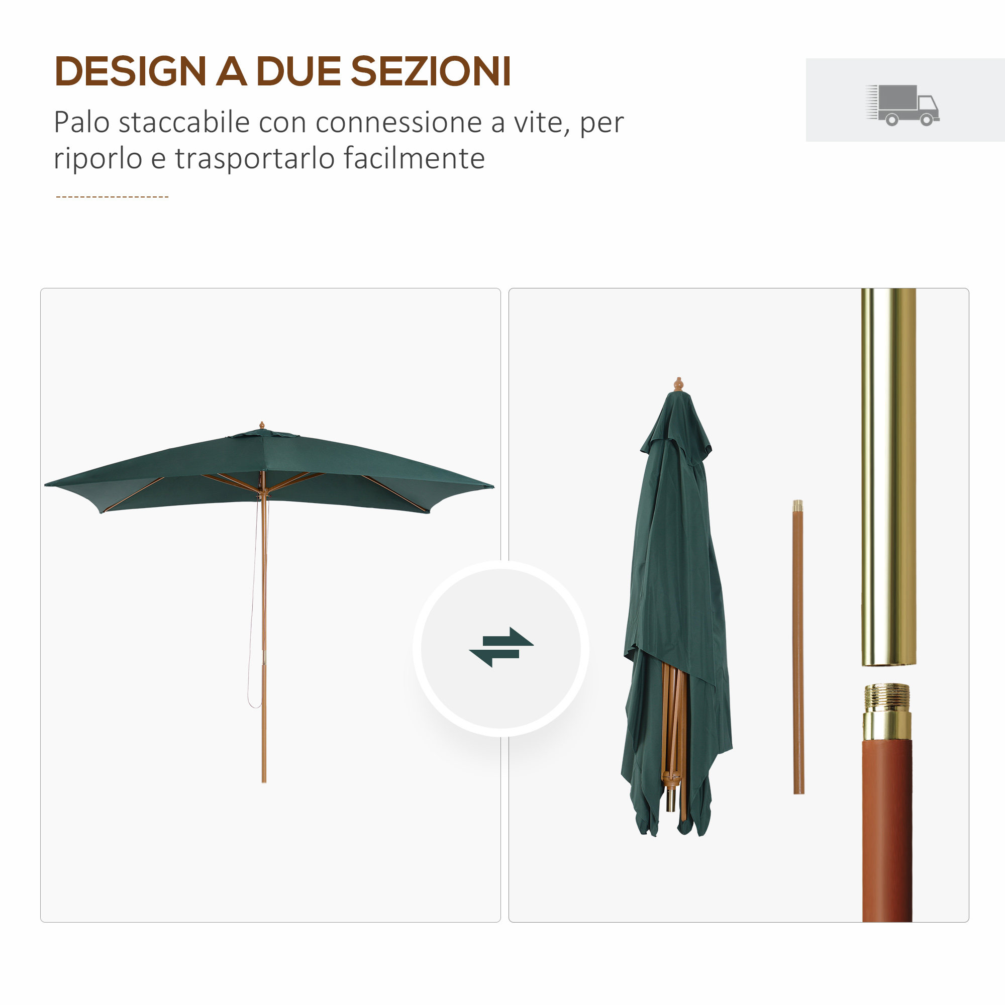 Ombrellone verde, aperto e chiuso, con palo divisibile.