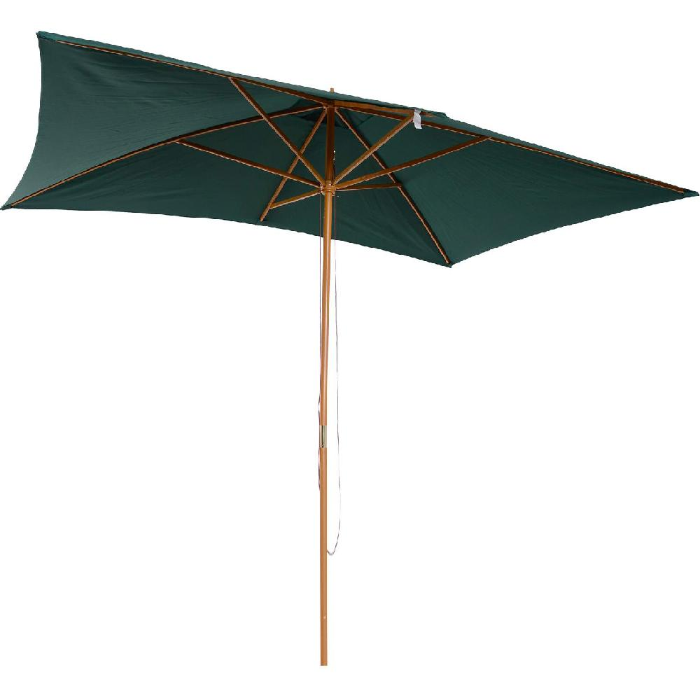 Un ombrellone rettangolare verde scuro con struttura e palo in legno.