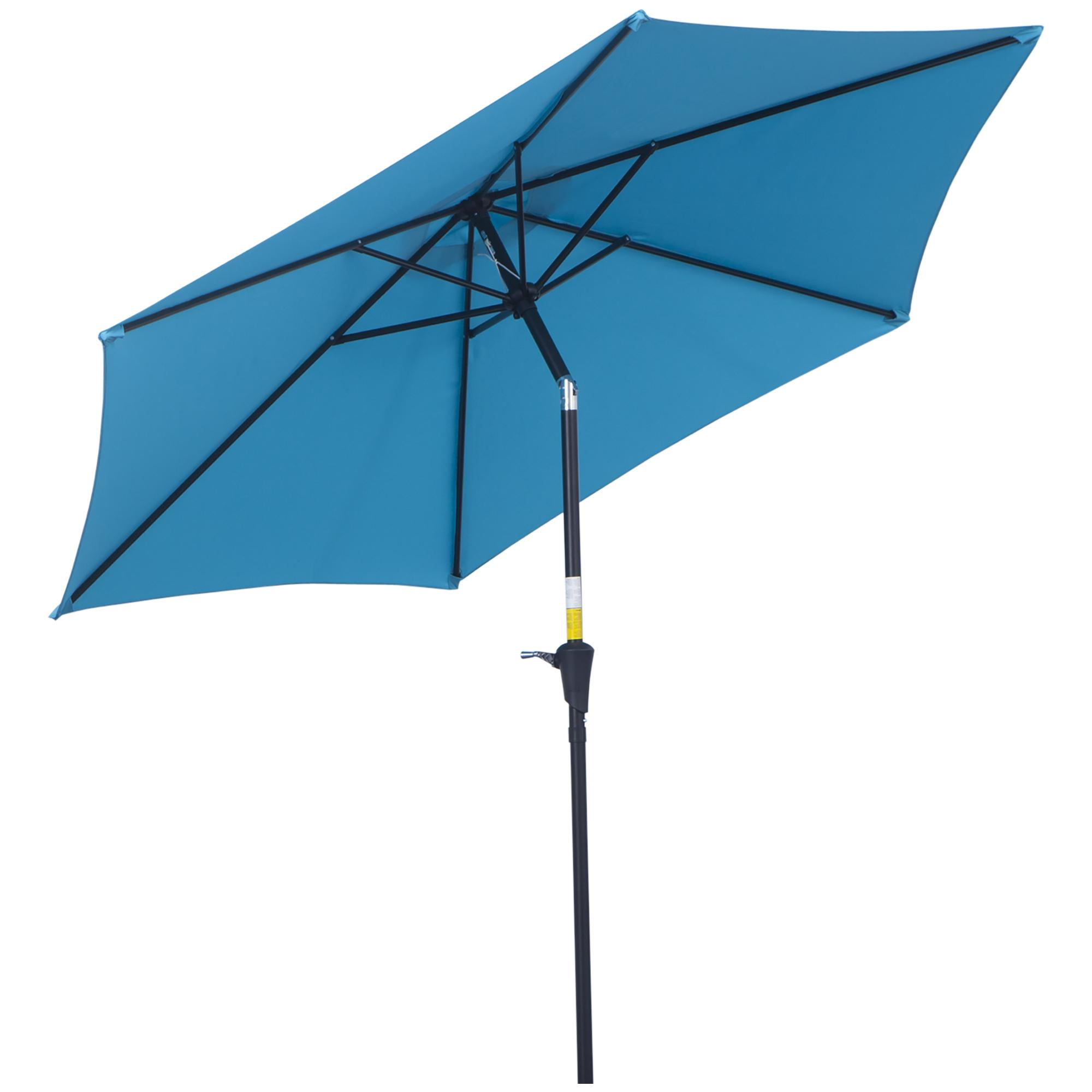Un ombrellone rettangolare blu con telaio nero su sfondo bianco.