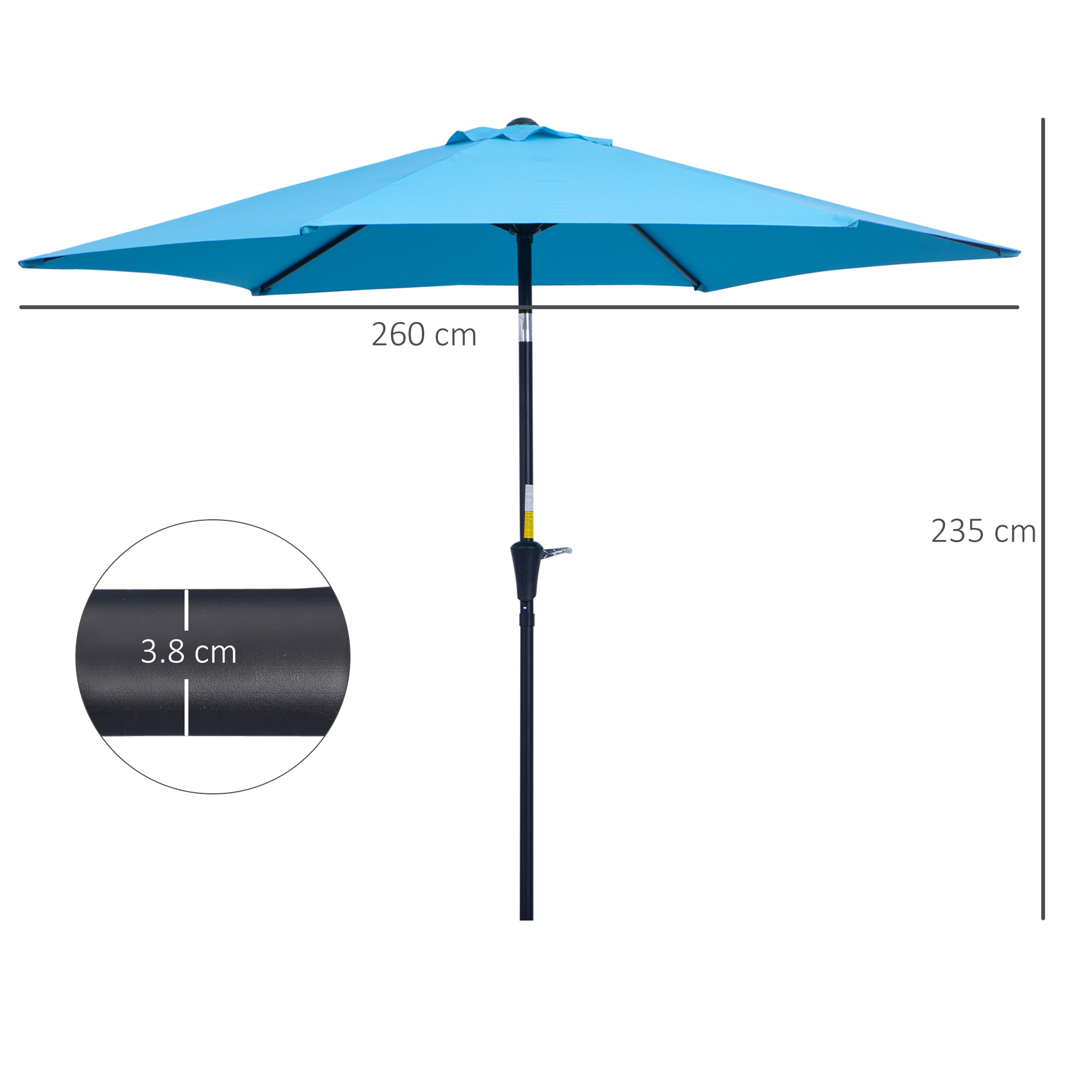 Un ombrellone azzurro con asta nera. Dimensioni: 260 cm larghezza, 235 cm altezza.