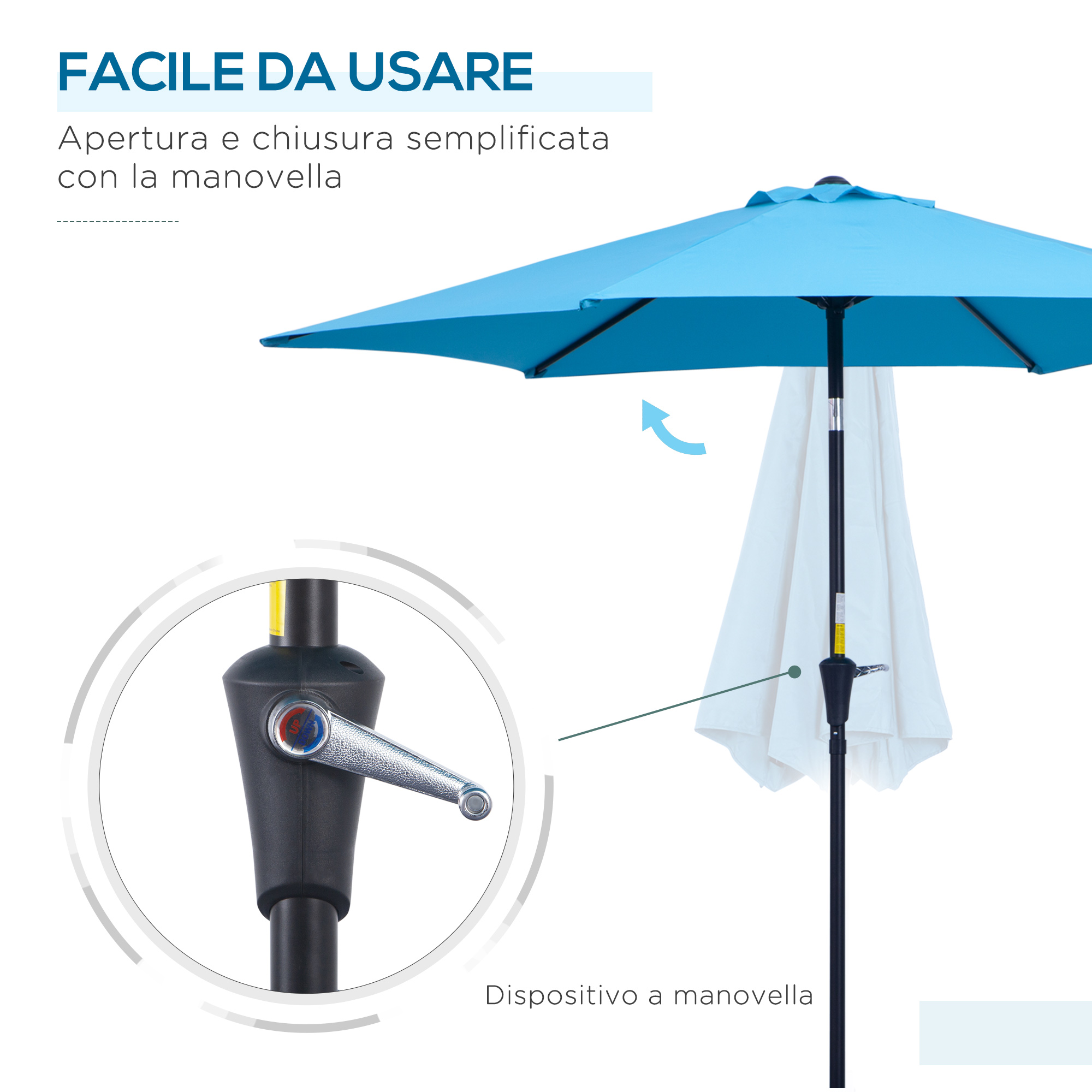 Un ombrellone blu con meccanismo a manovella. Primo piano della maniglia.