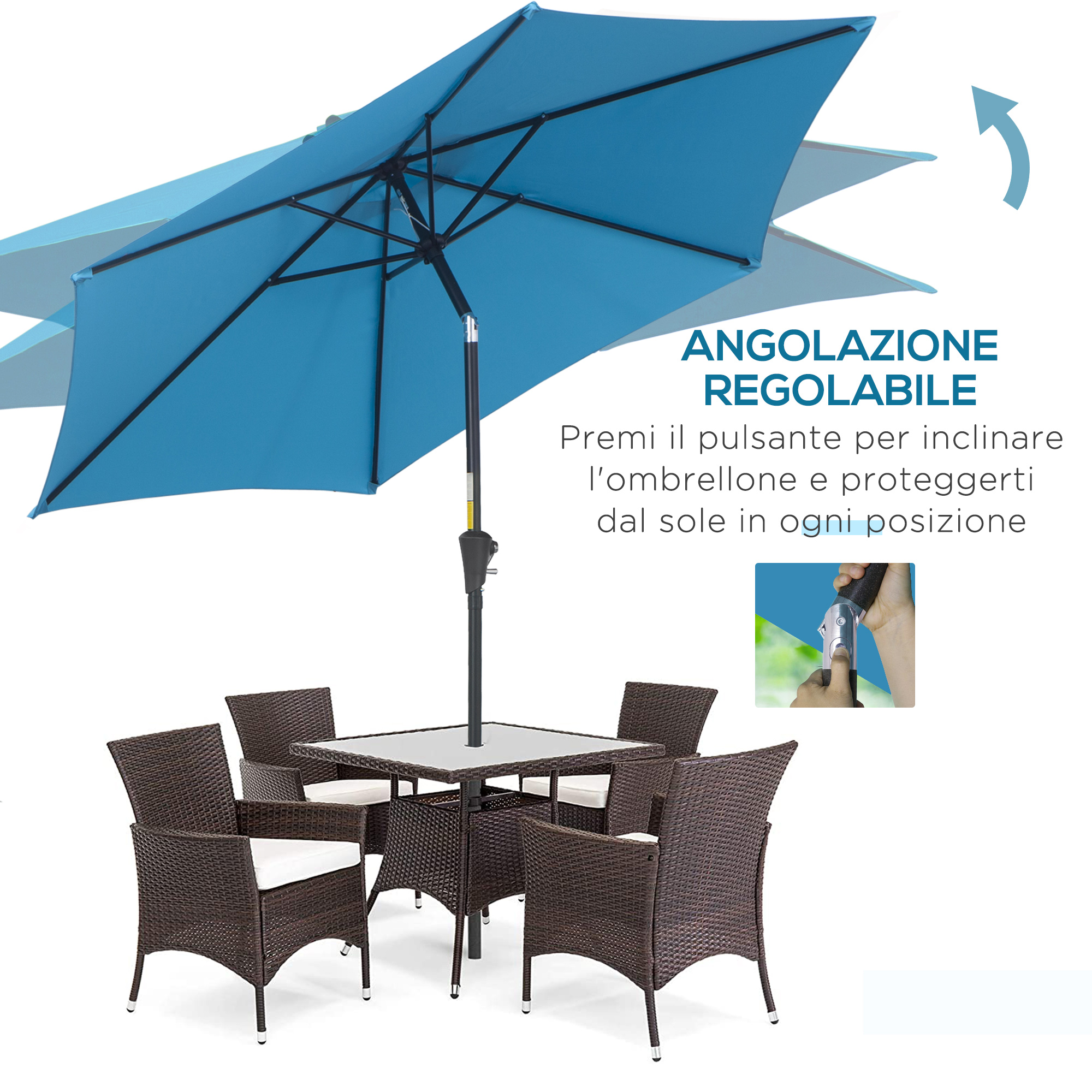 Un ombrellone blu da esterno su un tavolo con quattro sedie in rattan marrone.