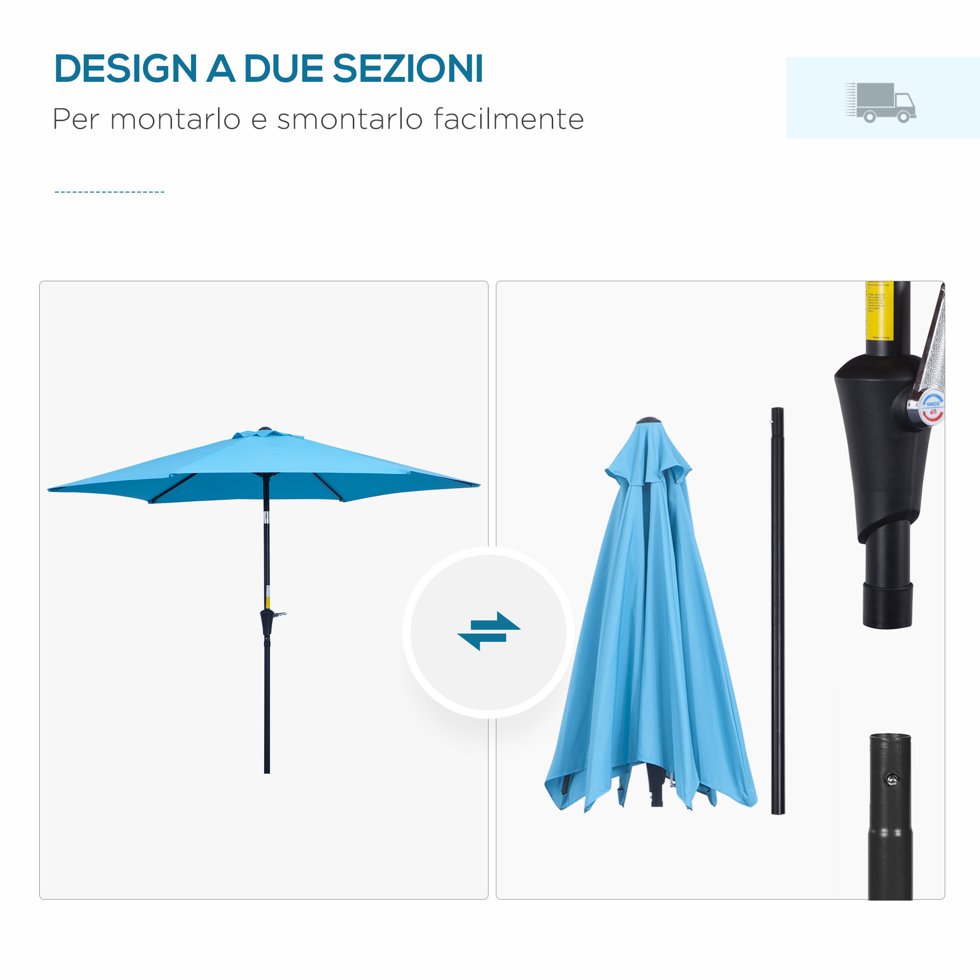 Un ombrellone blu aperto è mostrato, accanto a un ombrellone chiuso e pali.