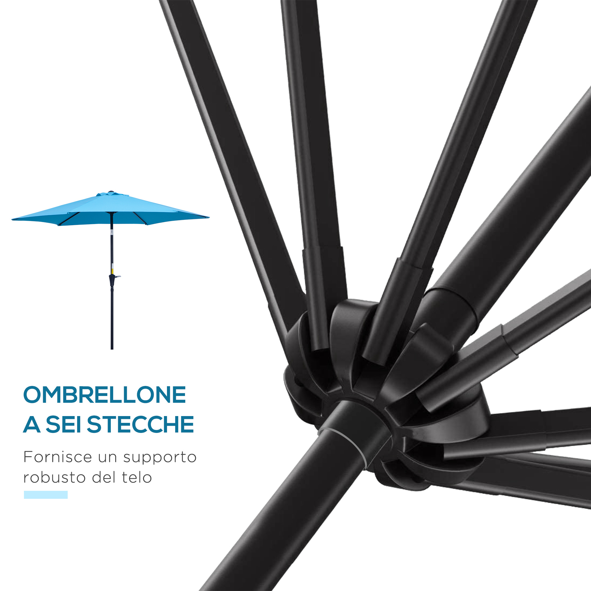 Un ombrellone blu con stecche nere e meccanismo centrale.