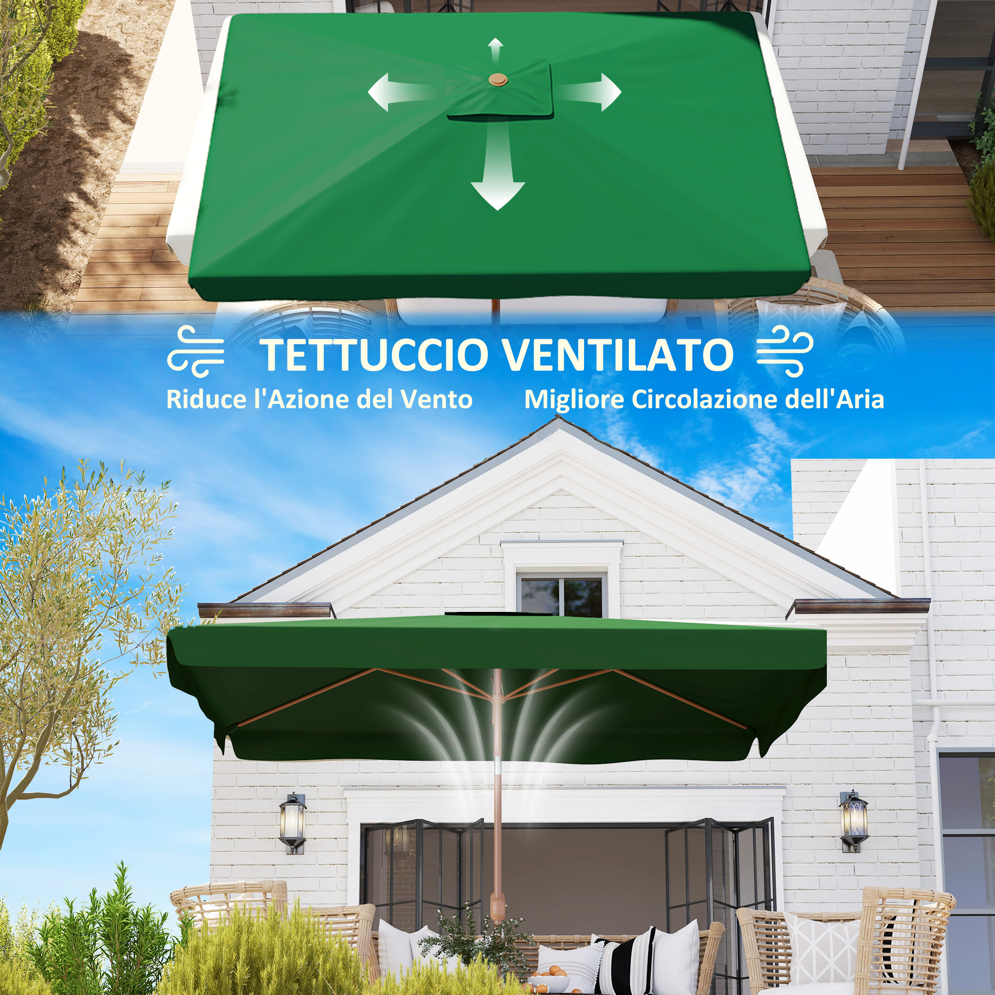 Ombrellone verde ventilato che riduce il vento e migliora la circolazione.