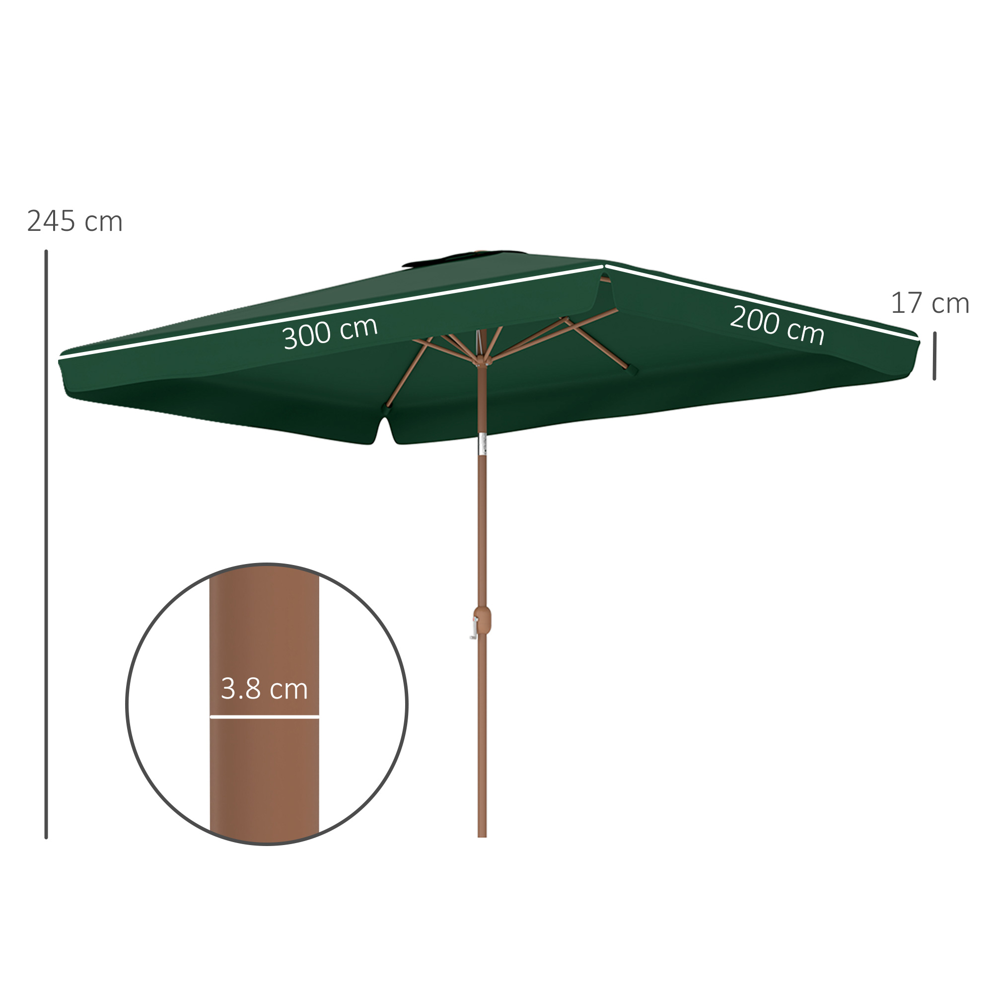 Ombrellone rettangolare verde scuro con palo in legno. Dimensioni: 245cm A, 300cm L, 200cm P.
