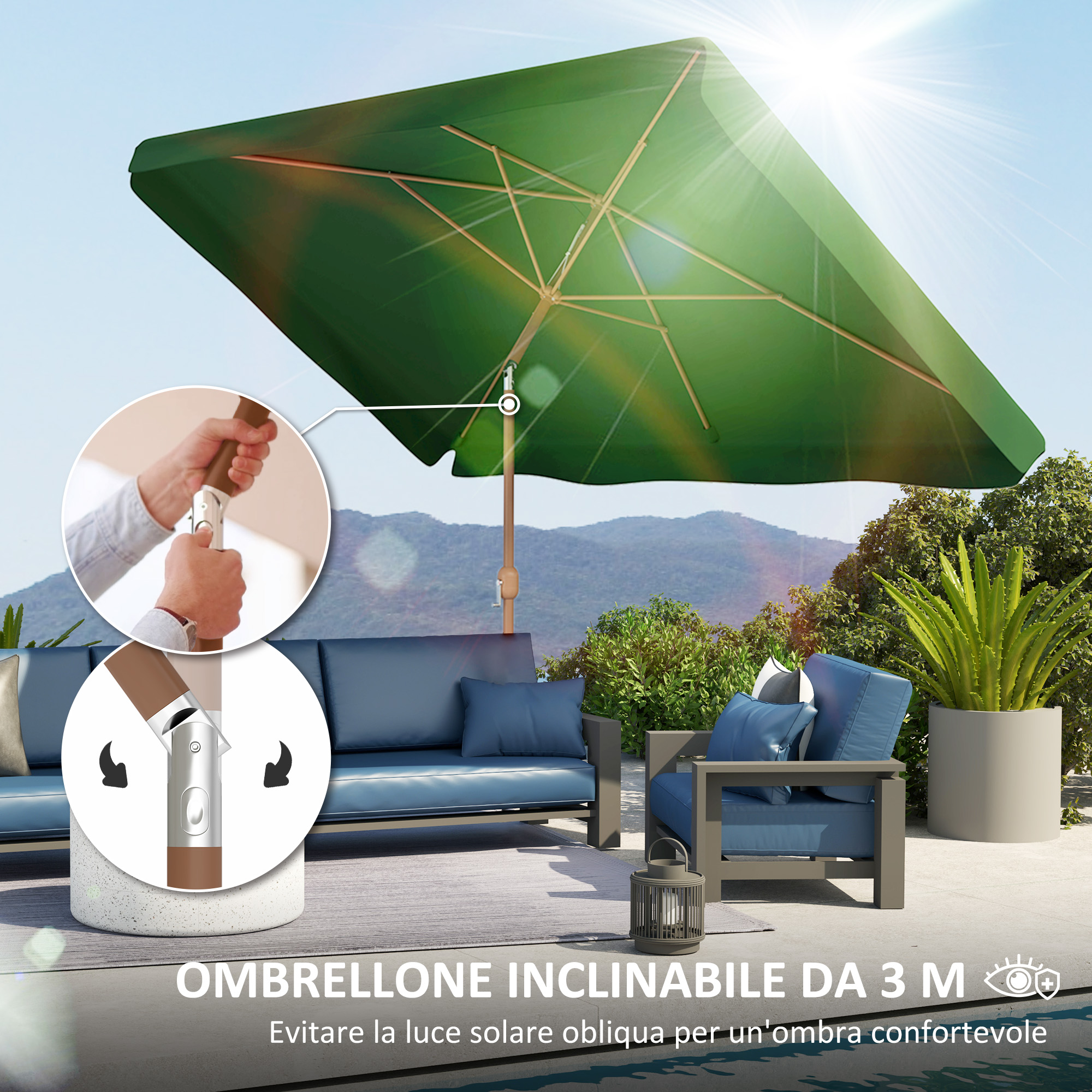 Un ombrellone verde su divano e sedia esterni blu. Primi piani mostrano il funzionamento.