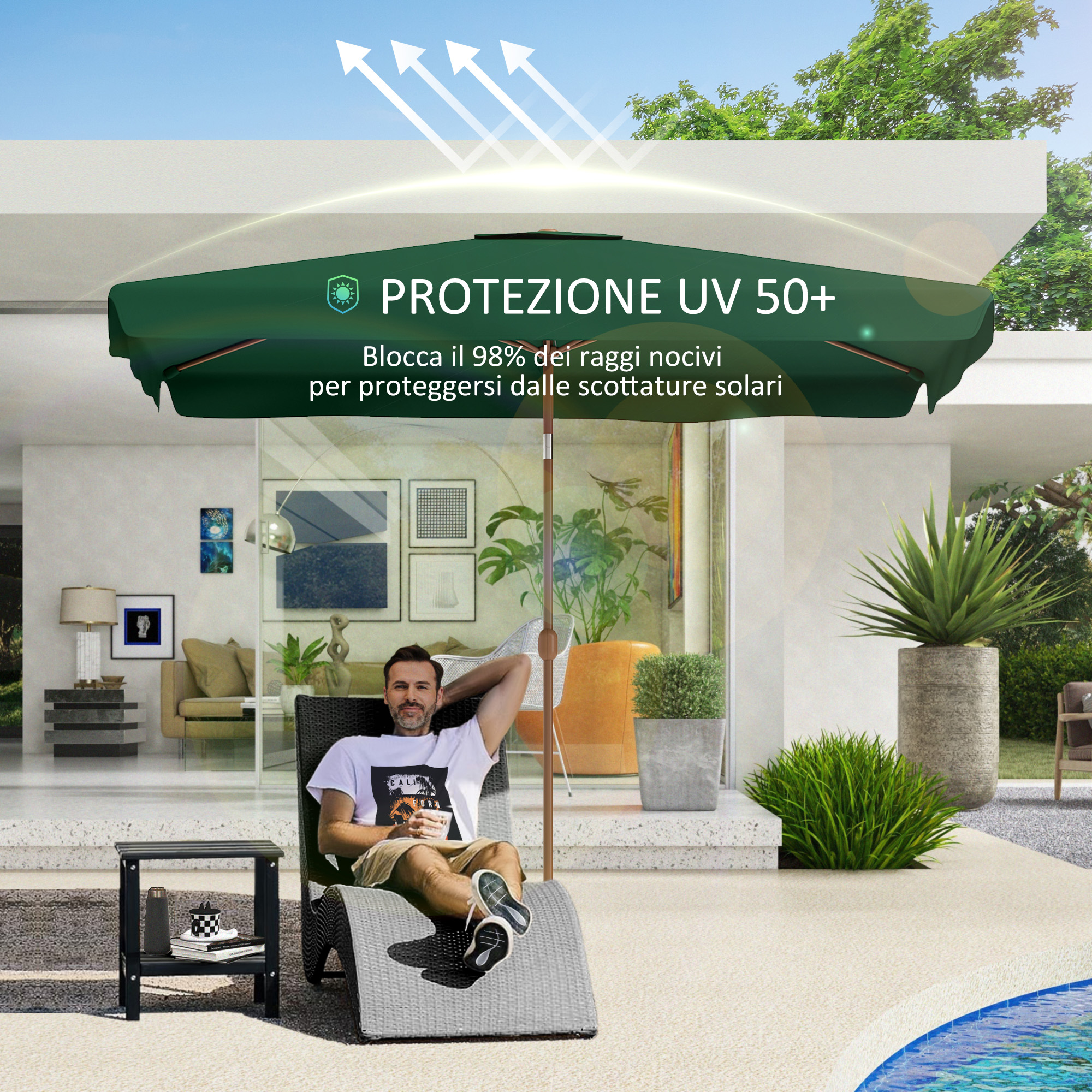 Uomo su lettino sotto ombrellone con protezione UV 50+. Terrazza moderna con piscina.