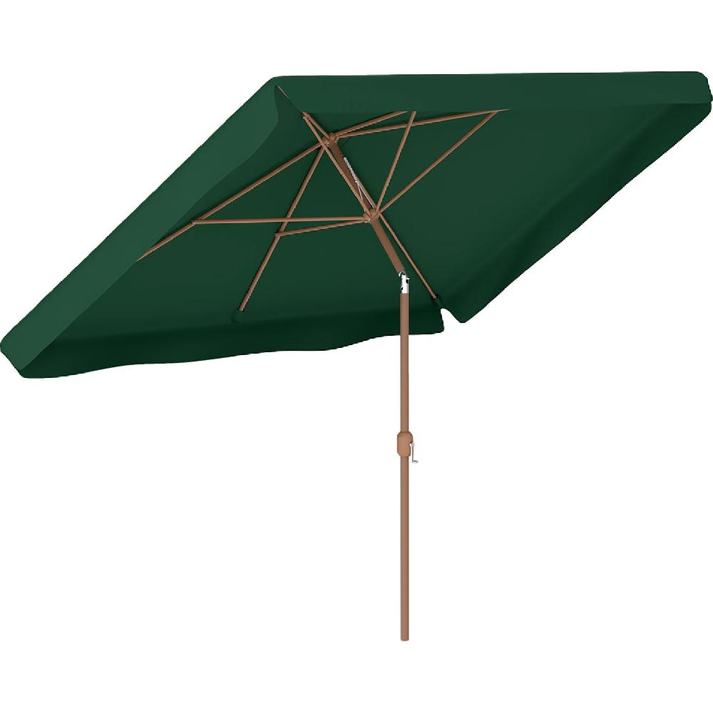 Un ombrellone rettangolare verde scuro con palo e stecche in legno.