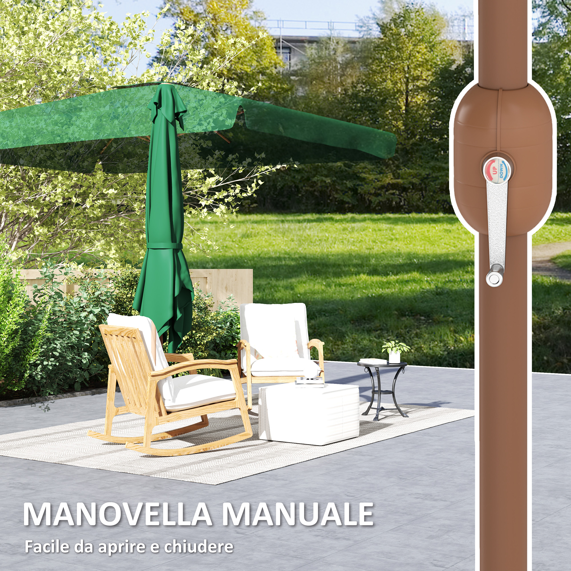 Un ombrellone da esterno marrone con telo verde si trova su un patio con mobili.