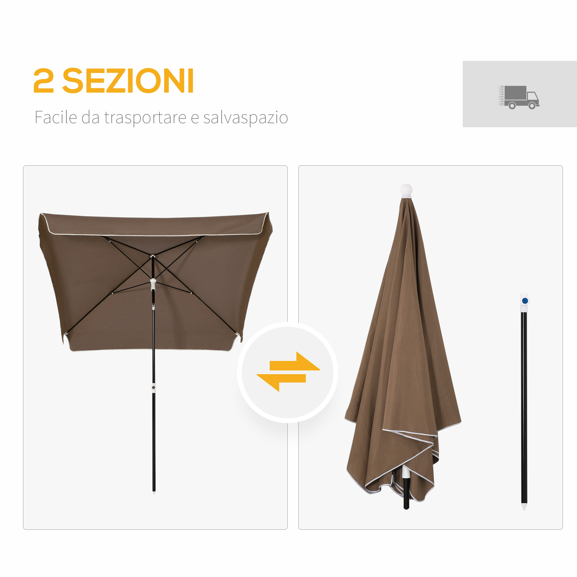 Ombrellone marrone aperto e chiuso, con palo.