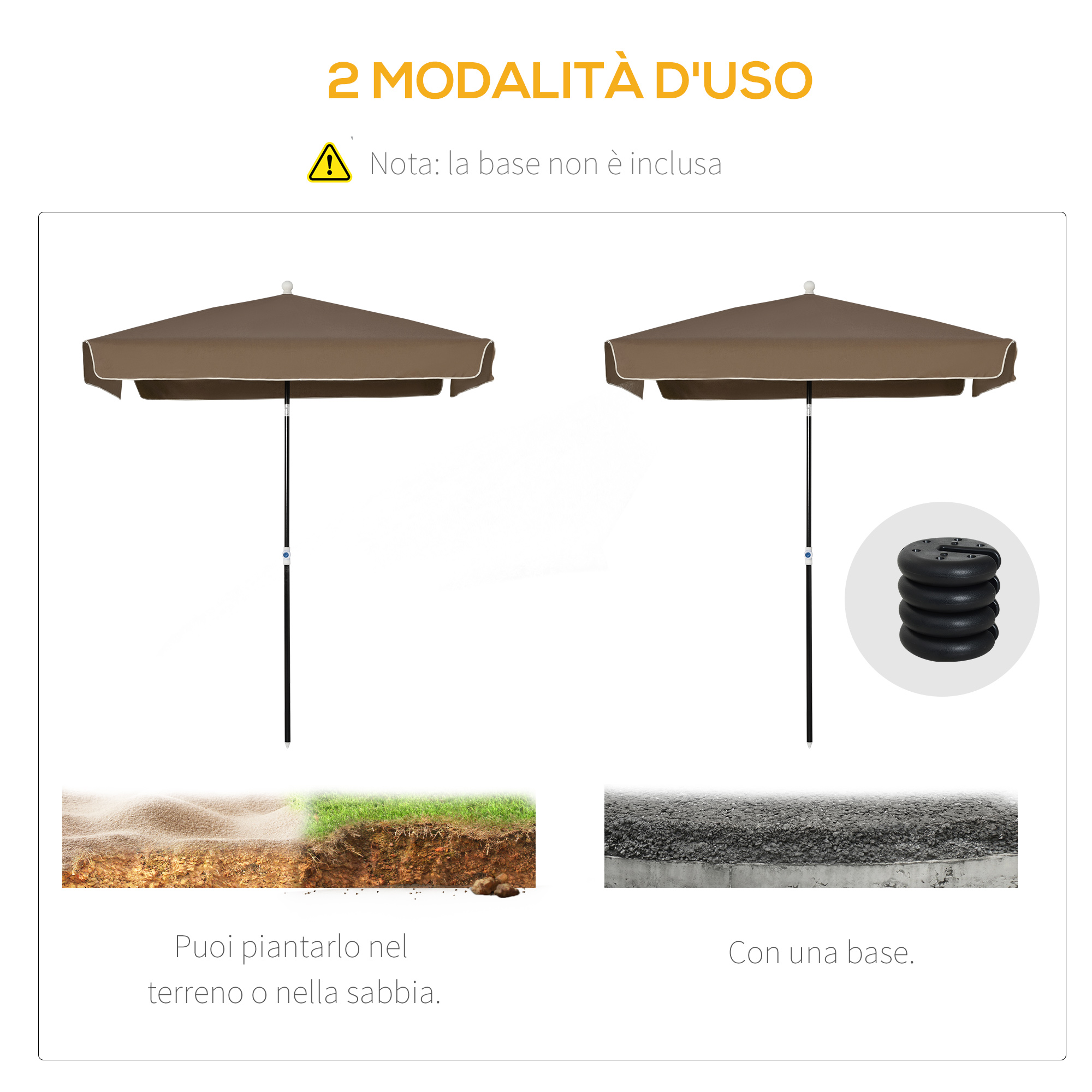 Due ombrelloni, uno nel terreno, uno con base e pesi.