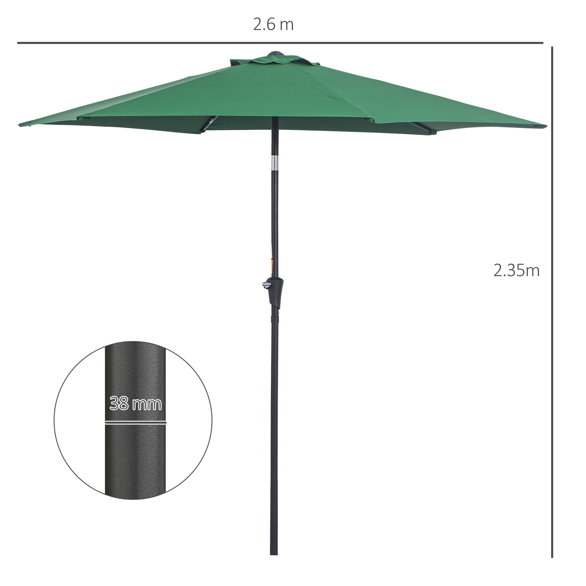 Un ombrellone da giardino verde con palo nero, largo 2,6 m e alto 2,35 m.