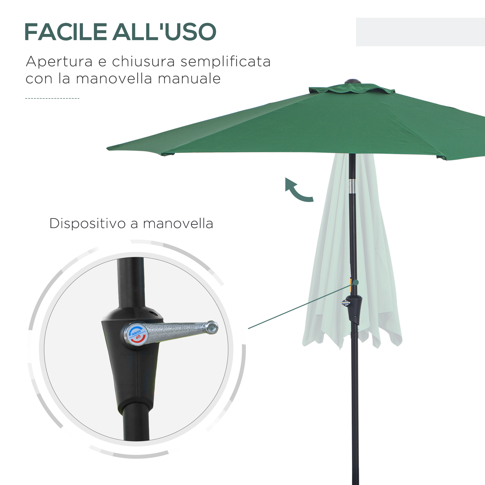 Ombrellone verde con manovella manuale per apertura e chiusura.