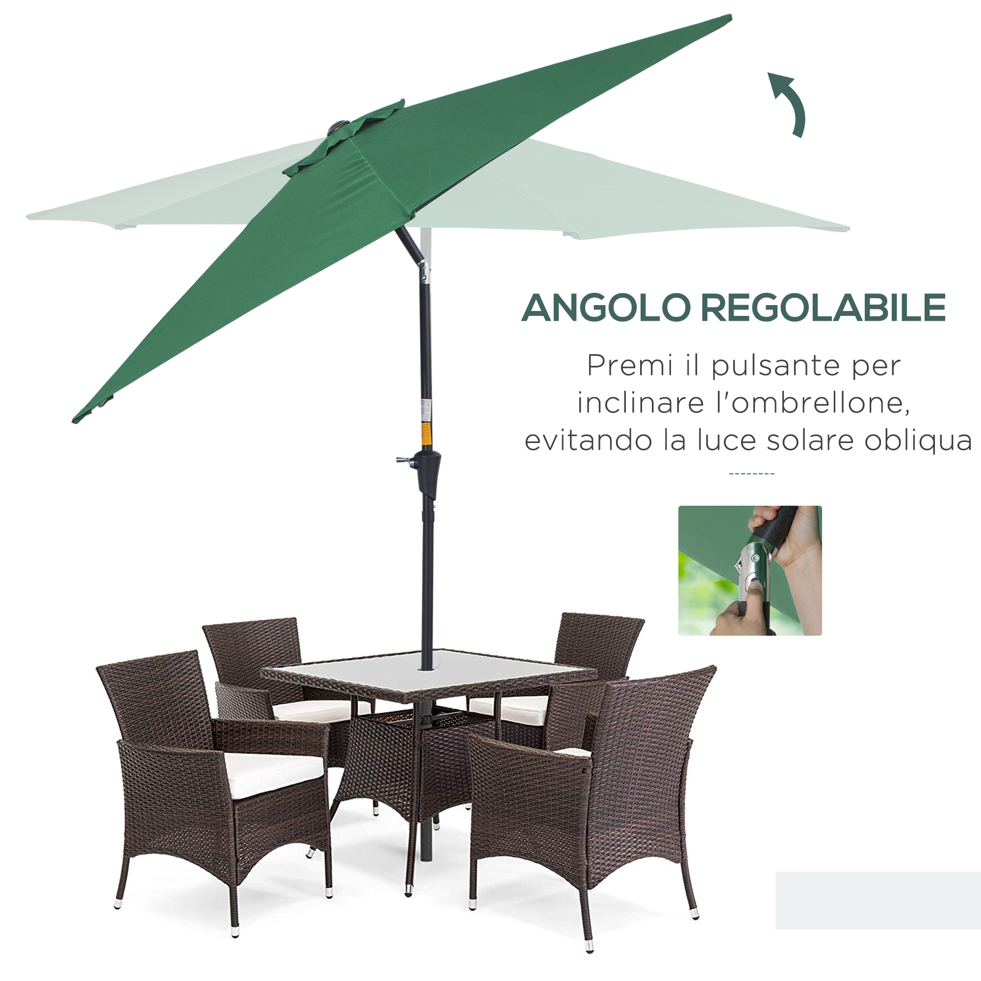 Tavolo da giardino con quattro sedie in rattan e ombrellone verde.