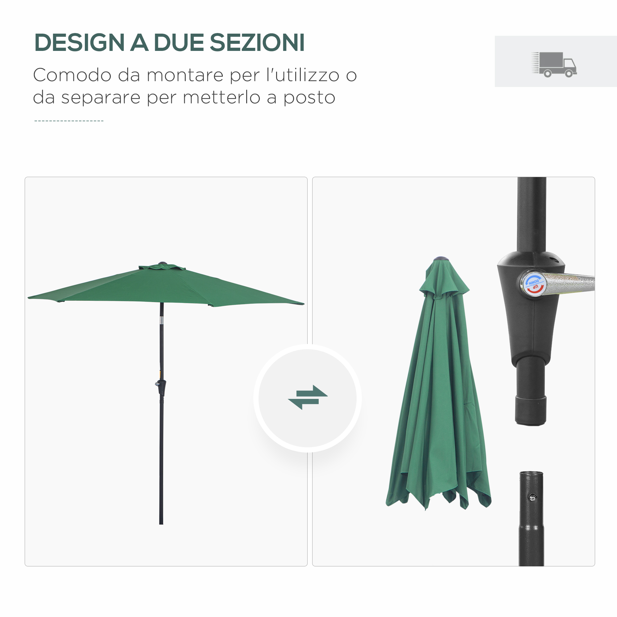 Un ombrellone verde, aperto e chiuso, con meccanismo a maniglia.