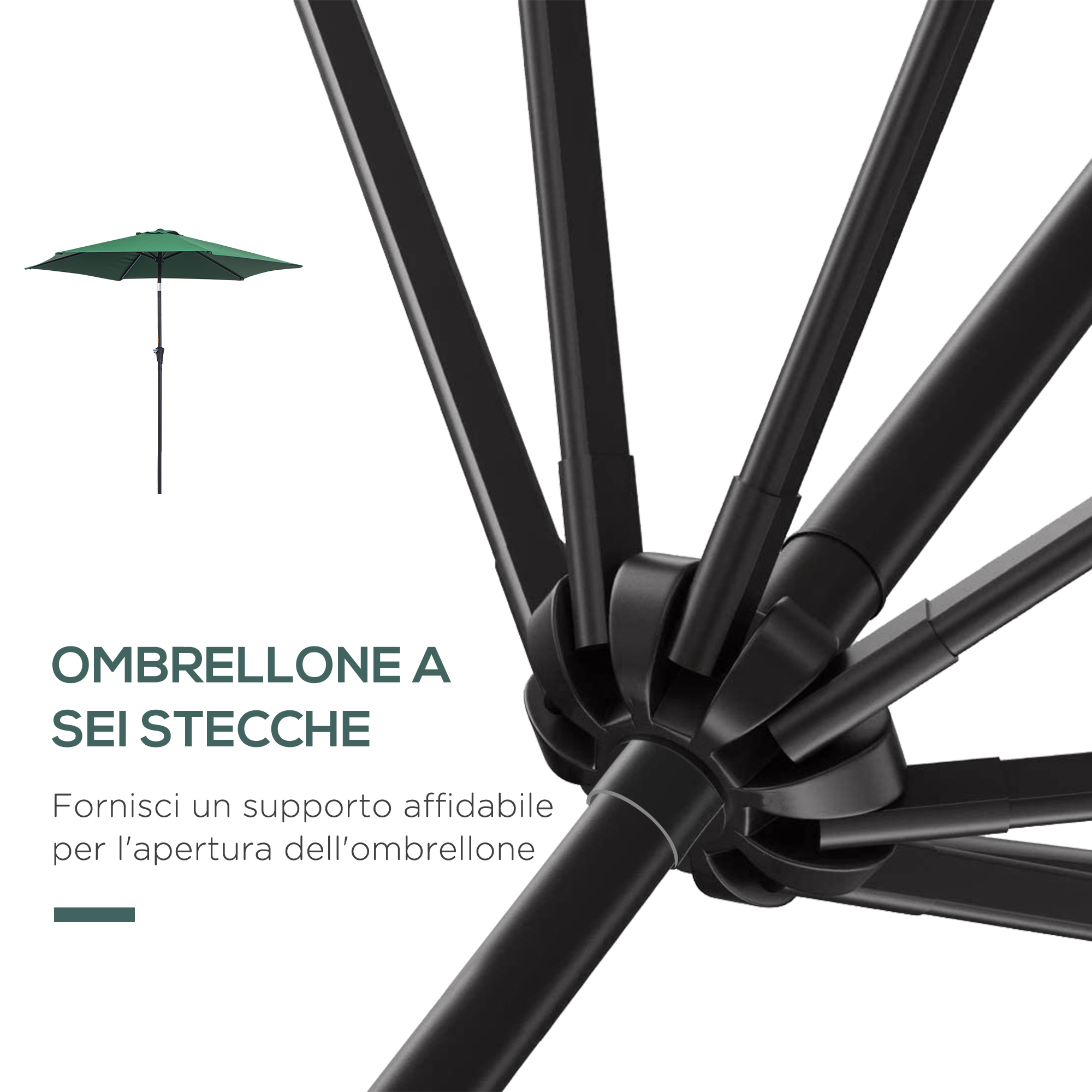Ombrellone verde con struttura e stecche nere nel dettaglio.