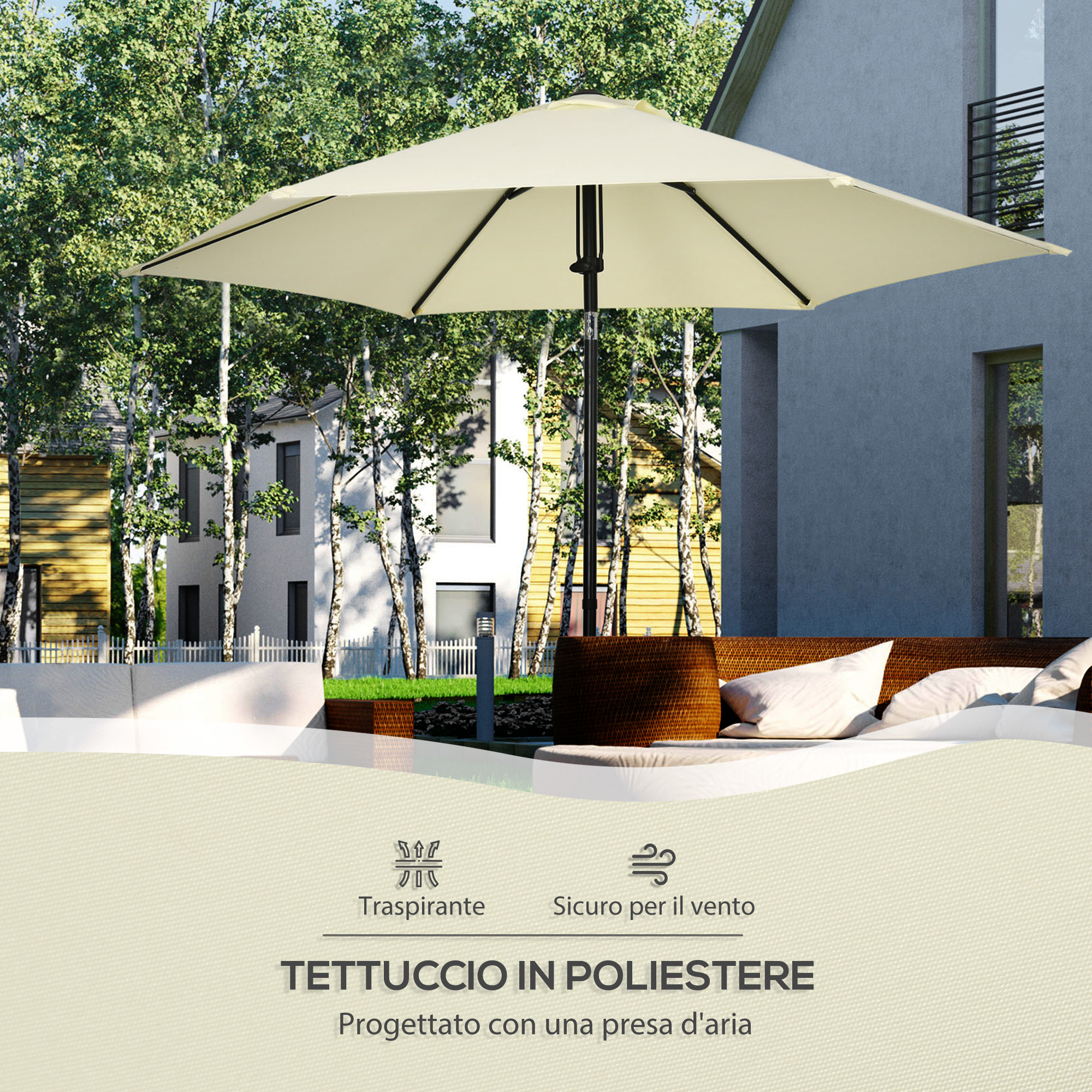 Un ombrellone da esterno beige su un divano, con case e alberi sullo sfondo.