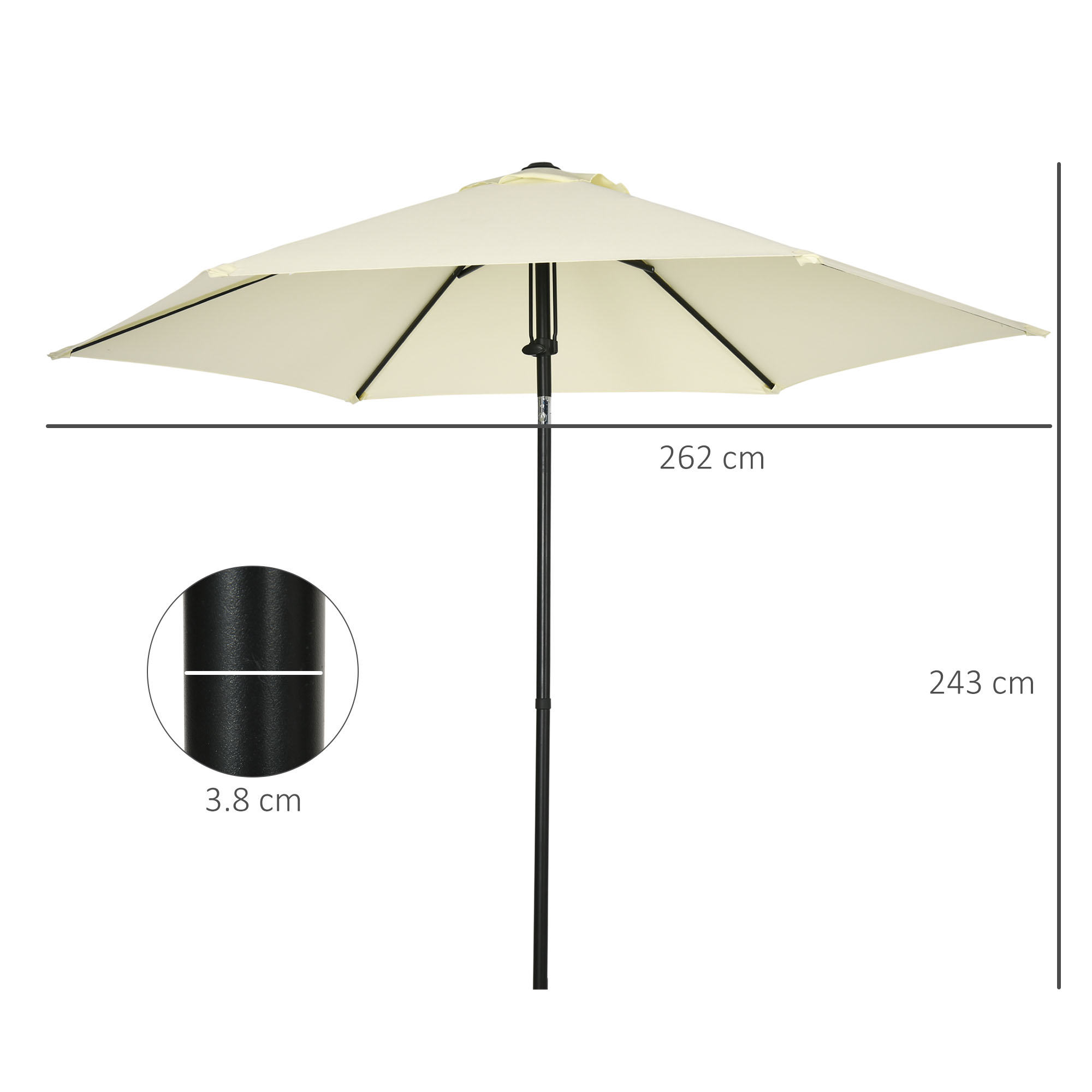 Un ombrellone color crema con palo nero, largo 262 cm e alto 243 cm.
