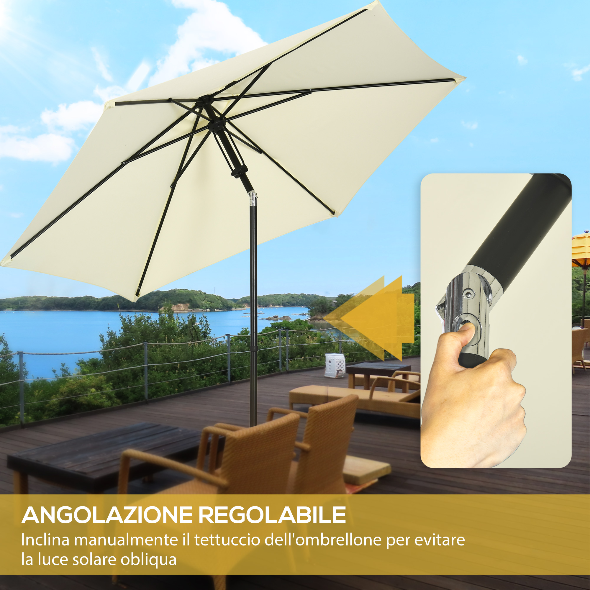 Un ombrellone beige su un ponte di legno con vista sul mare.