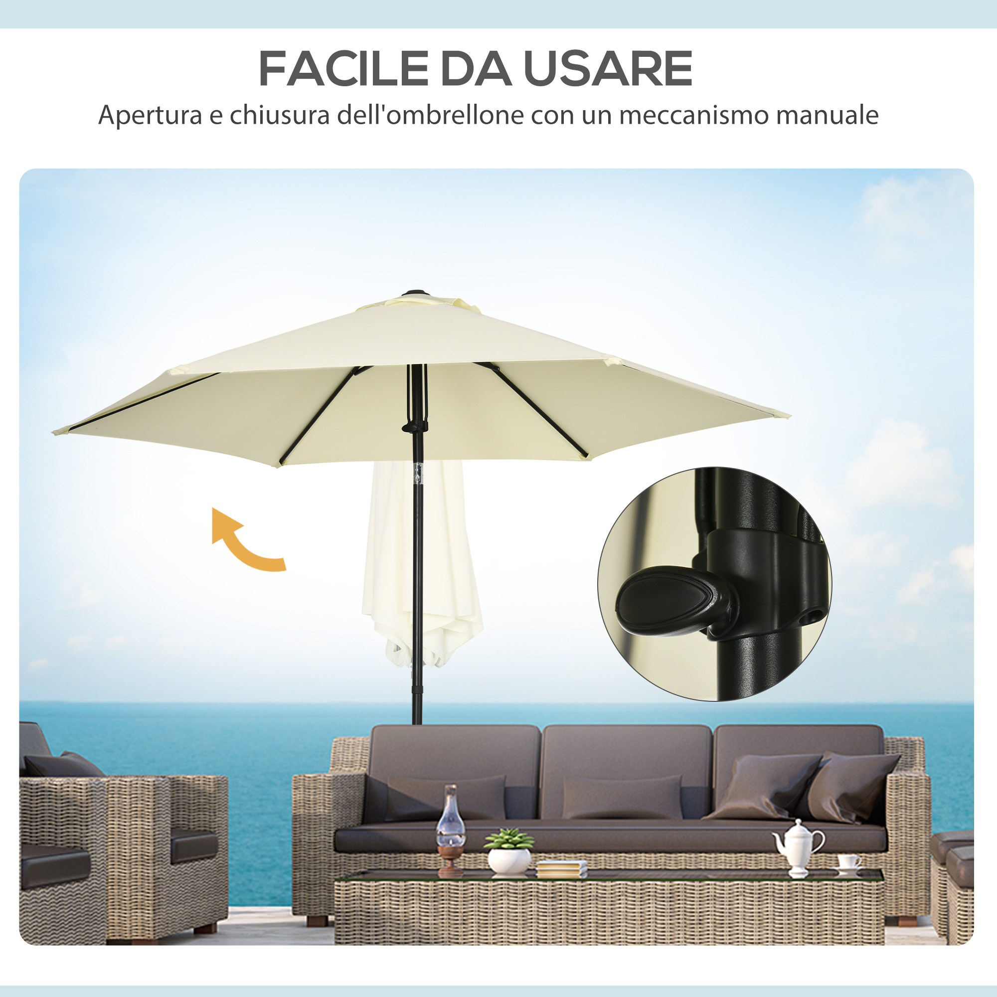 Un ombrellone da esterno beige sopra un divano e tavolo in rattan sul mare.