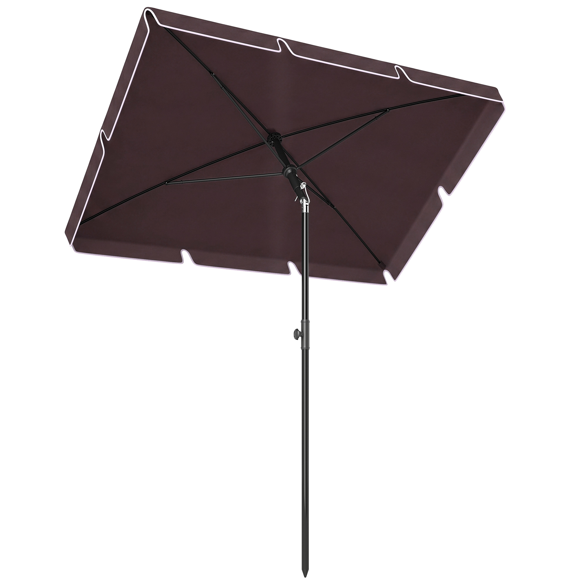 Ombrellone rettangolare marrone con bordo bianco e palo nero, visto dal basso.