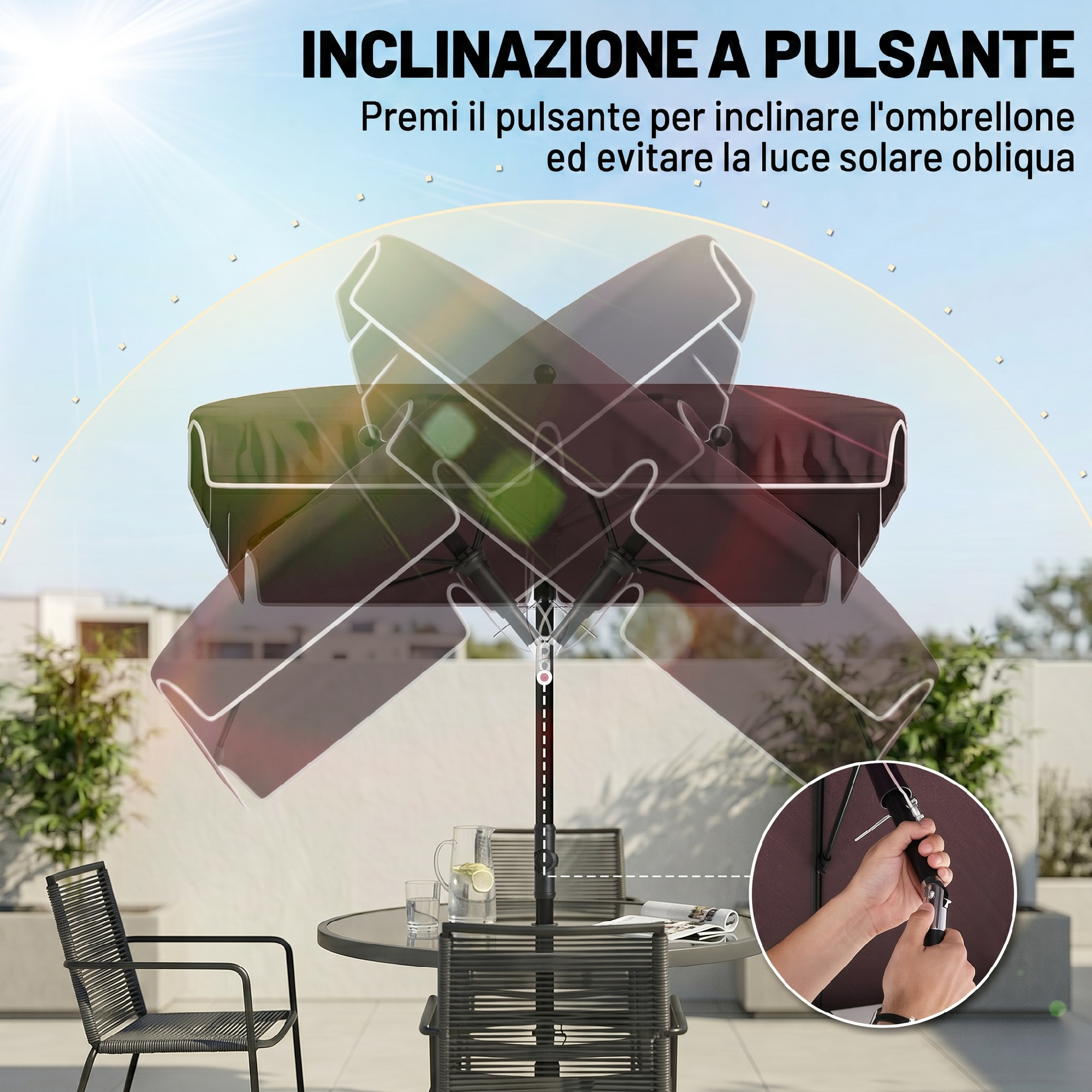 Un ombrellone da esterno si inclina per evitare la luce solare.