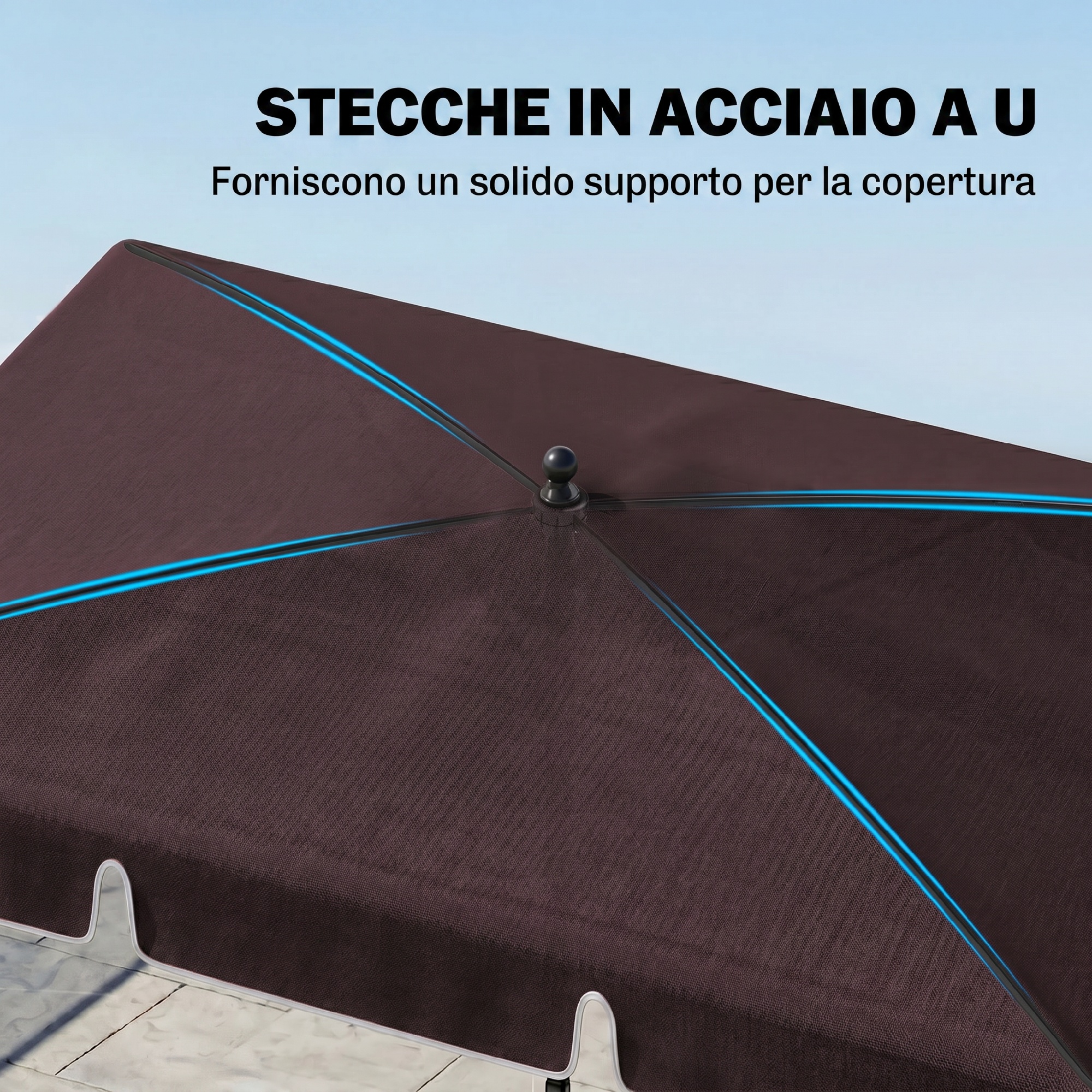 Ombrellone marrone scuro con accenti blu e stecche metalliche su superficie piastrellata.