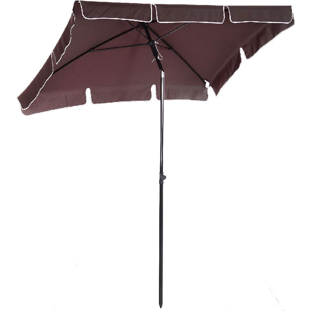 Un ombrellone marrone con bordo bianco su sfondo bianco.