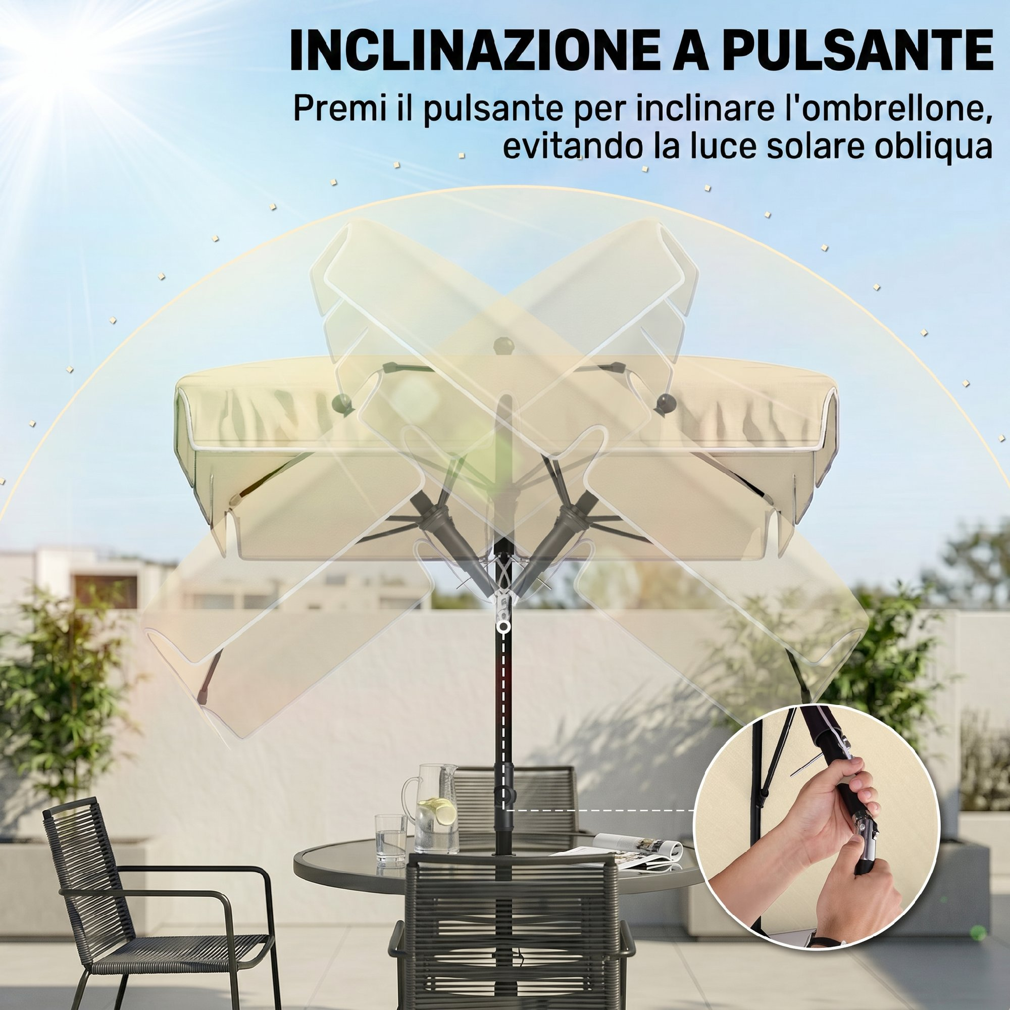 Un ombrellone beige con inclinazione regolabile su un tavolo da esterno.