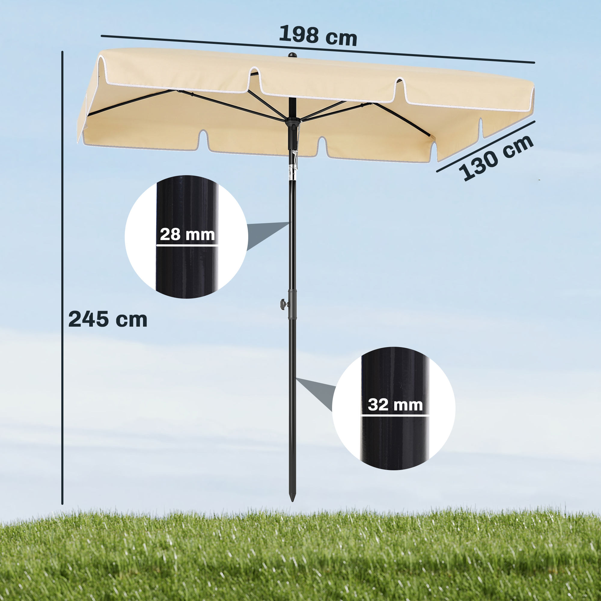 Un ombrellone beige con palo nero, largo 198 cm e alto 245 cm.