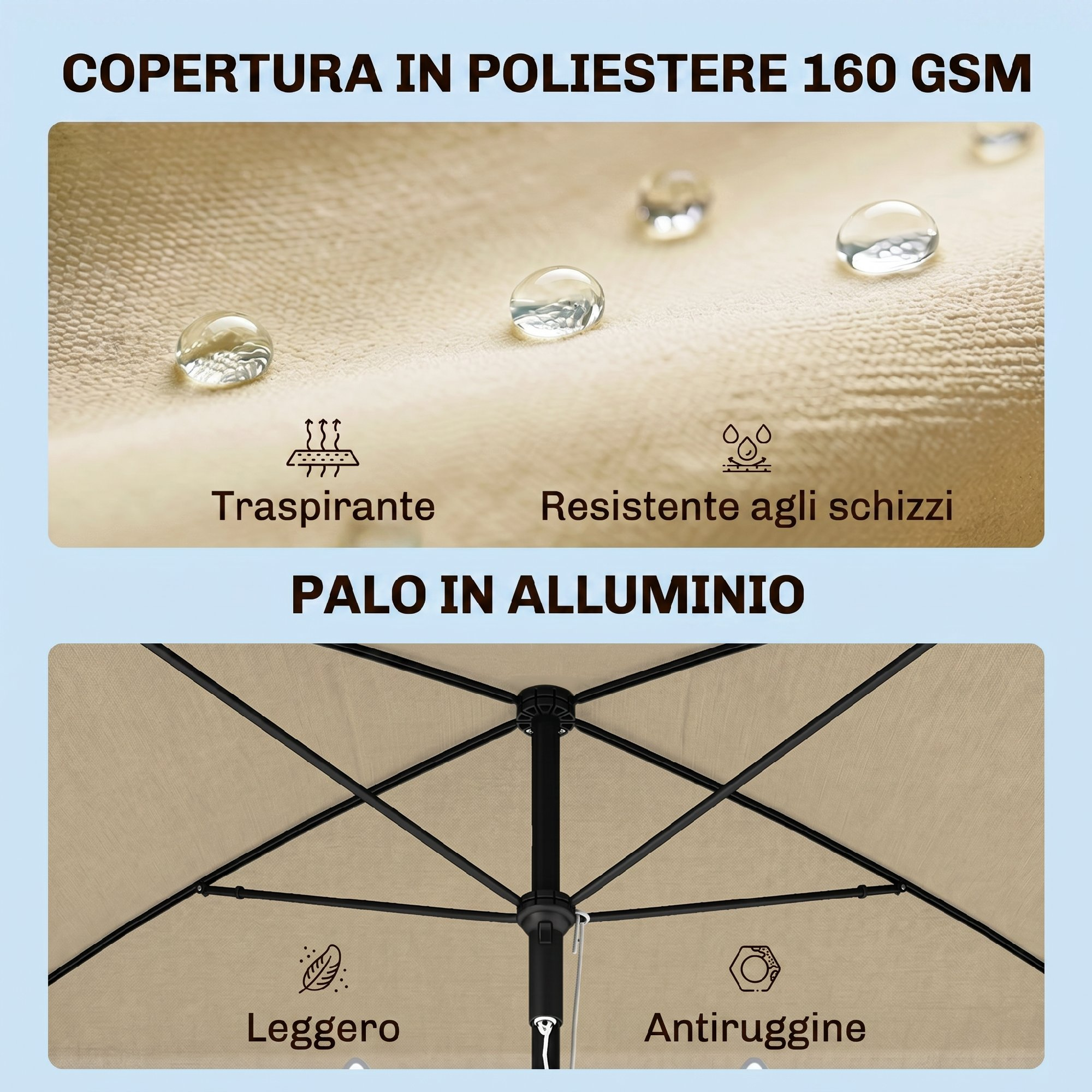 Copertura in poliestere e palo in alluminio di un parasole con gocce d'acqua.