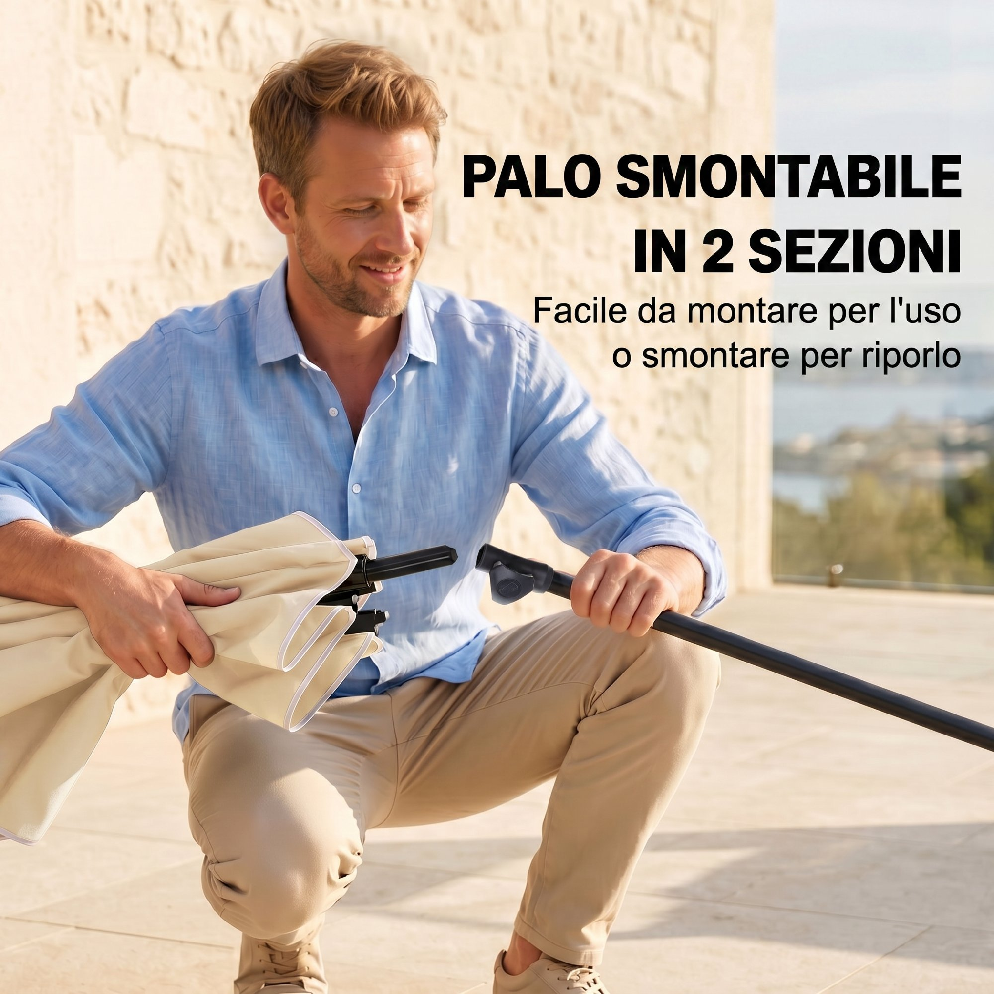 Uomo che monta un'asta per ombrellone in due parti. Ombrellone in tessuto beige.