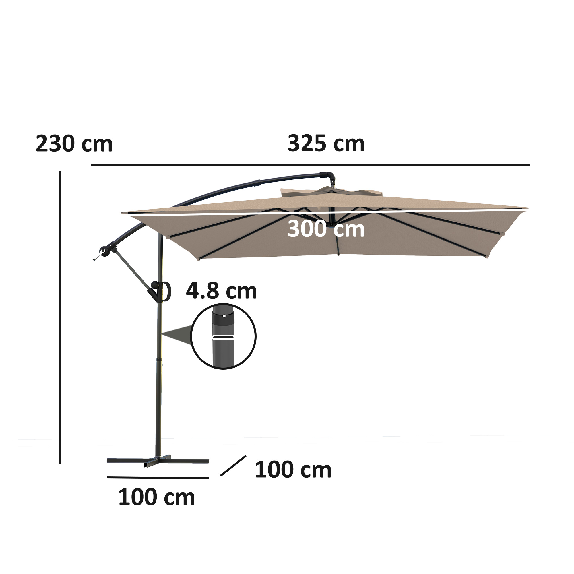 Un ombrellone beige con base in metallo, misura 230cm altezza, 325cm larghezza, 300cm diametro.